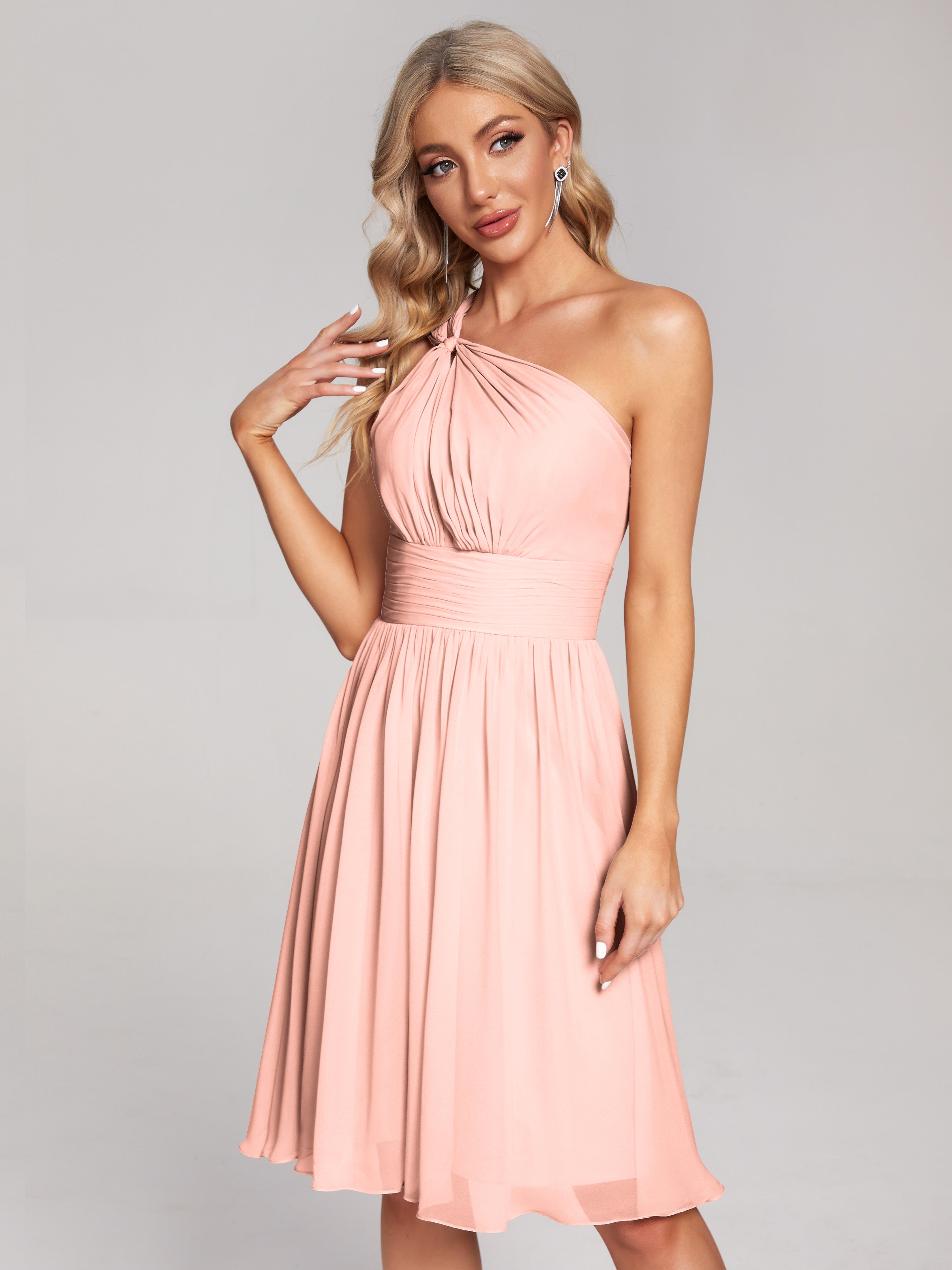 Demoiselle D Honneur Corail Longueur Genou Seule-Épaule Mousseline Robes Demoiselle D'Honneur