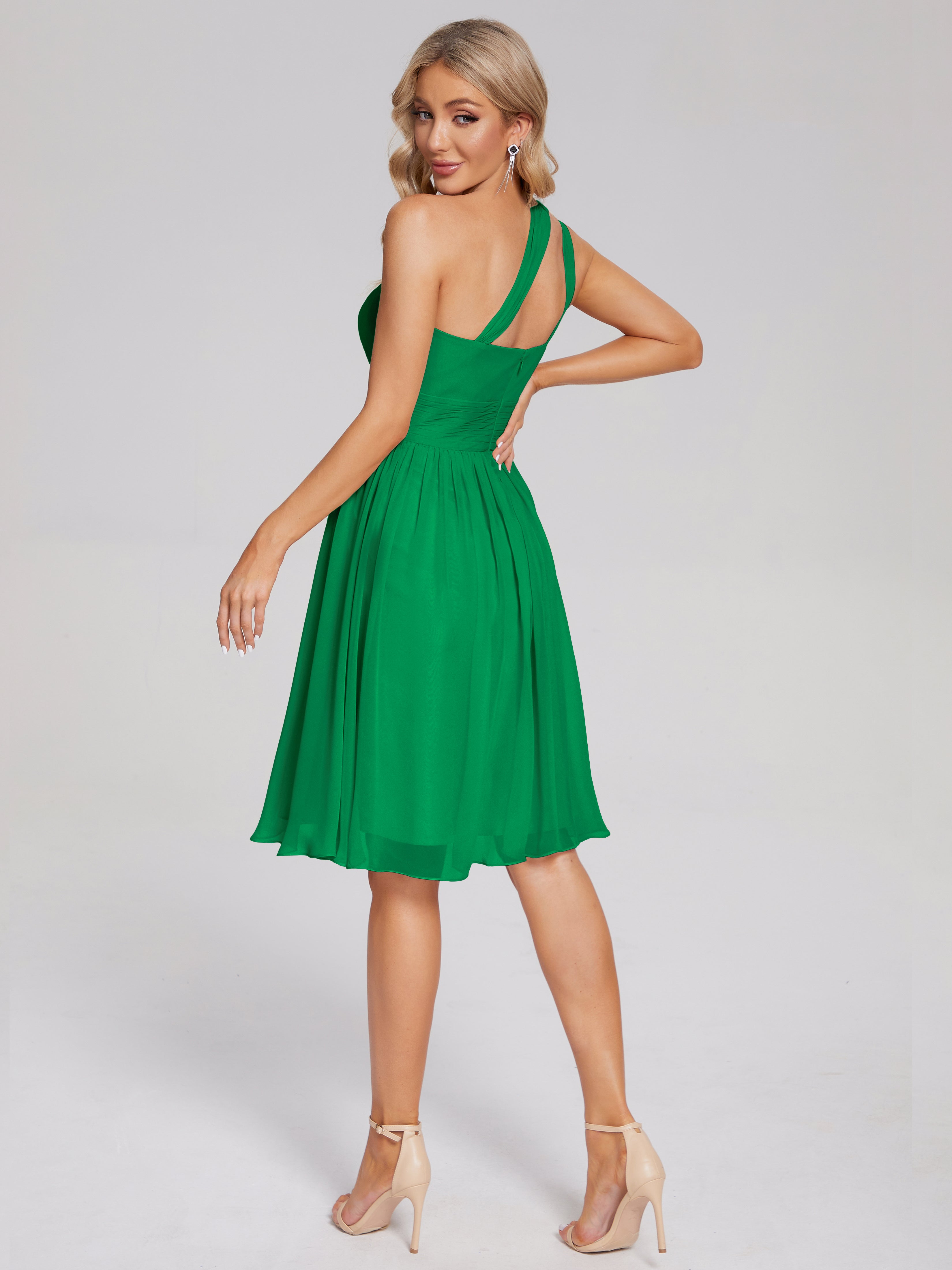 Robe Vert Emeraude Demoiselle D Honneur Longueur Genou Seule-Épaule Mousseline Robes Demoiselle D'Honneur