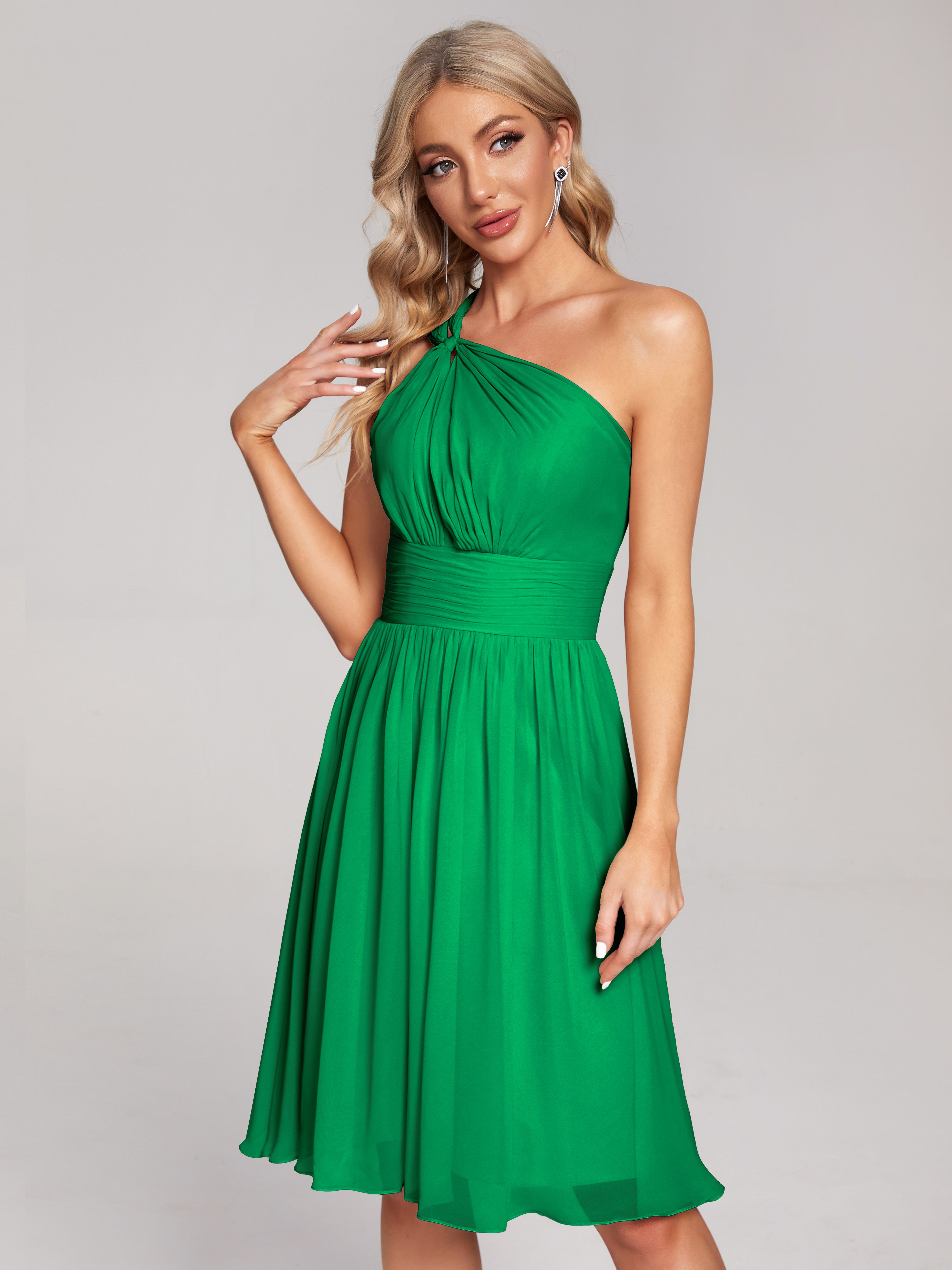 Robe Vert Emeraude Demoiselle D Honneur Longueur Genou Seule-Épaule Mousseline Robes Demoiselle D'Honneur