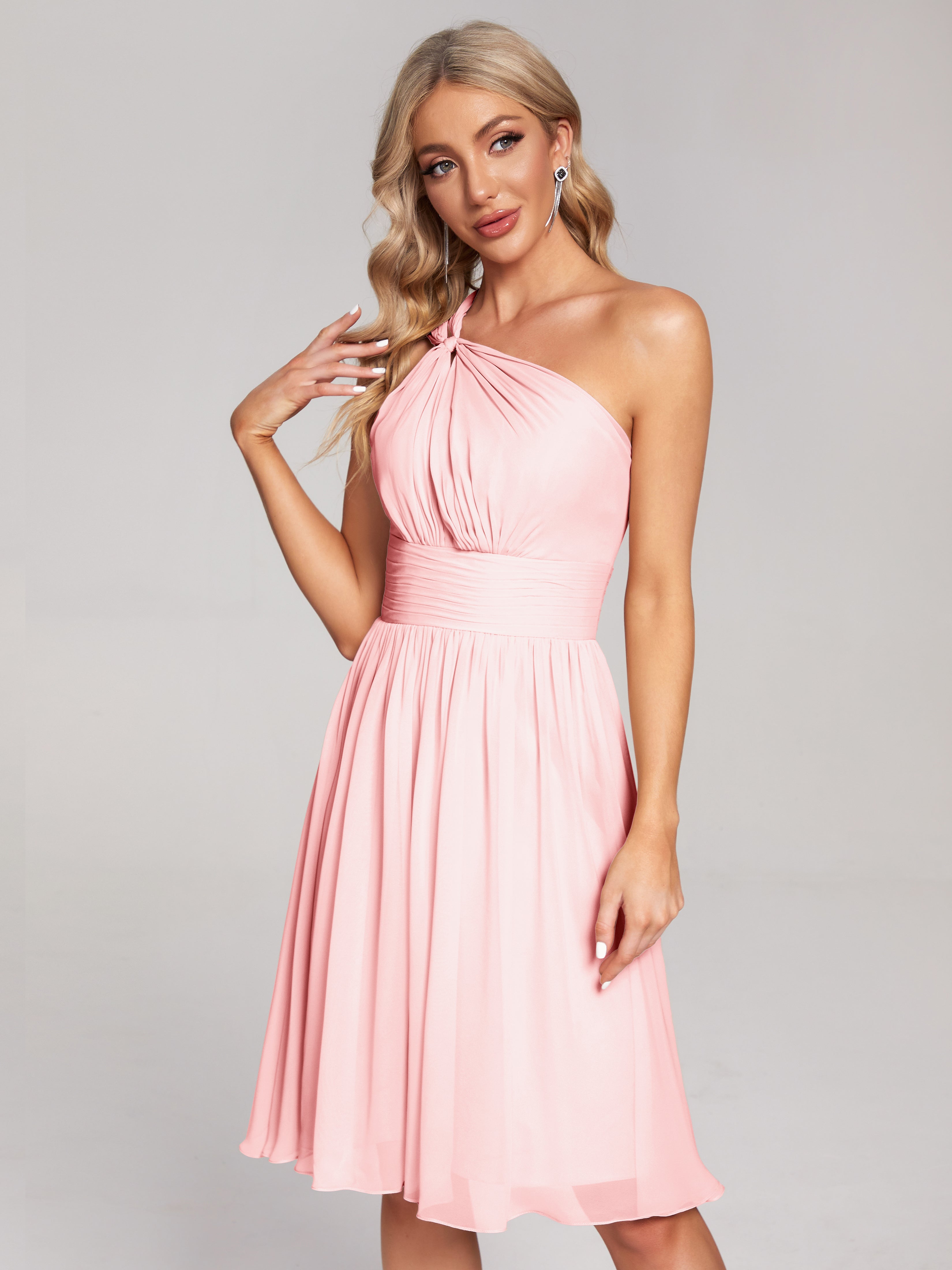 Robe Demoiselle D Honneur Rose Longueur Genou Seule-Épaule Mousseline Robes Demoiselle D'Honneur