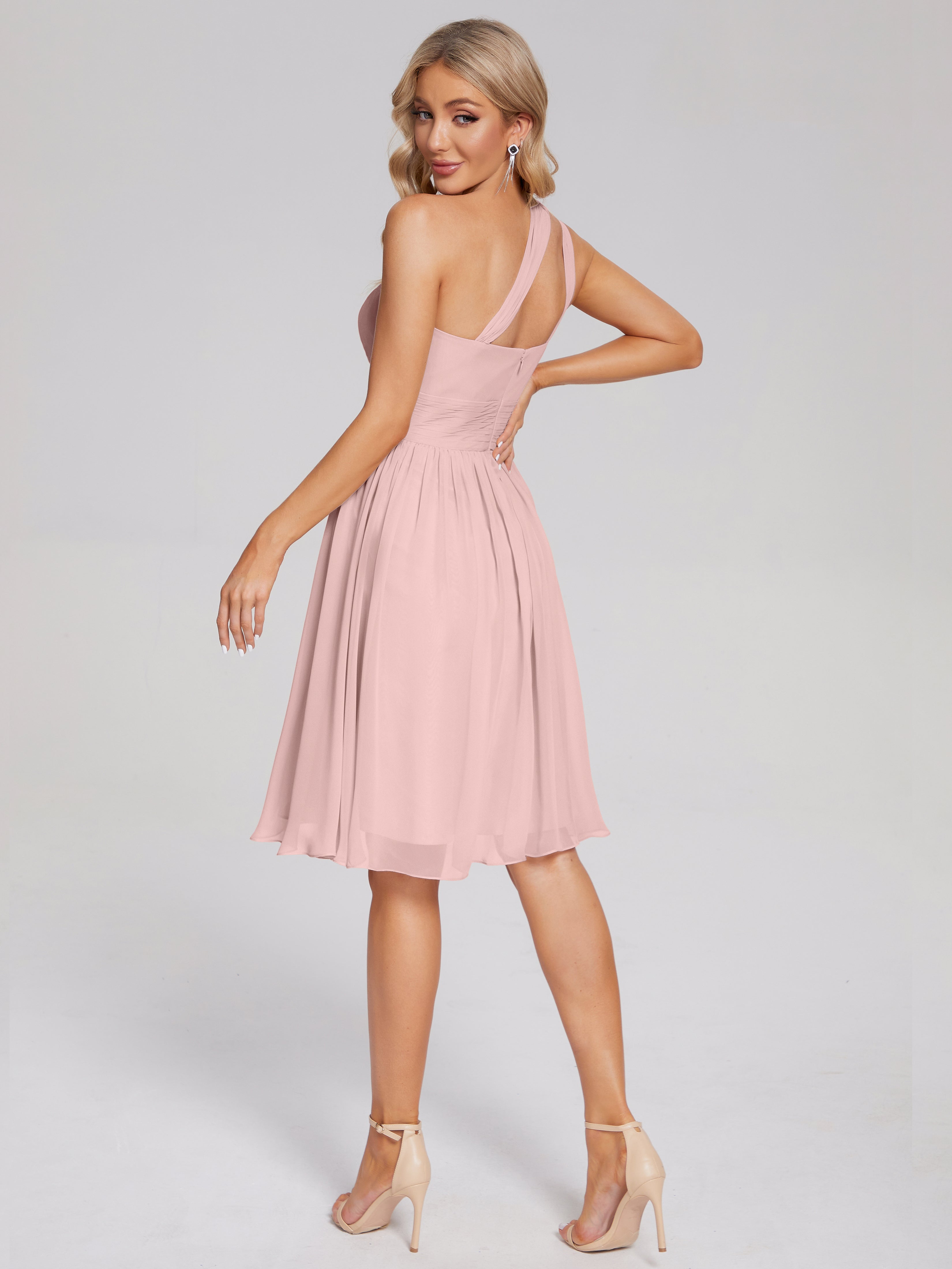 Robe Courte Rose Poudré Mariage Longueur Genou Seule-Épaule Mousseline Robes Demoiselle D'Honneur