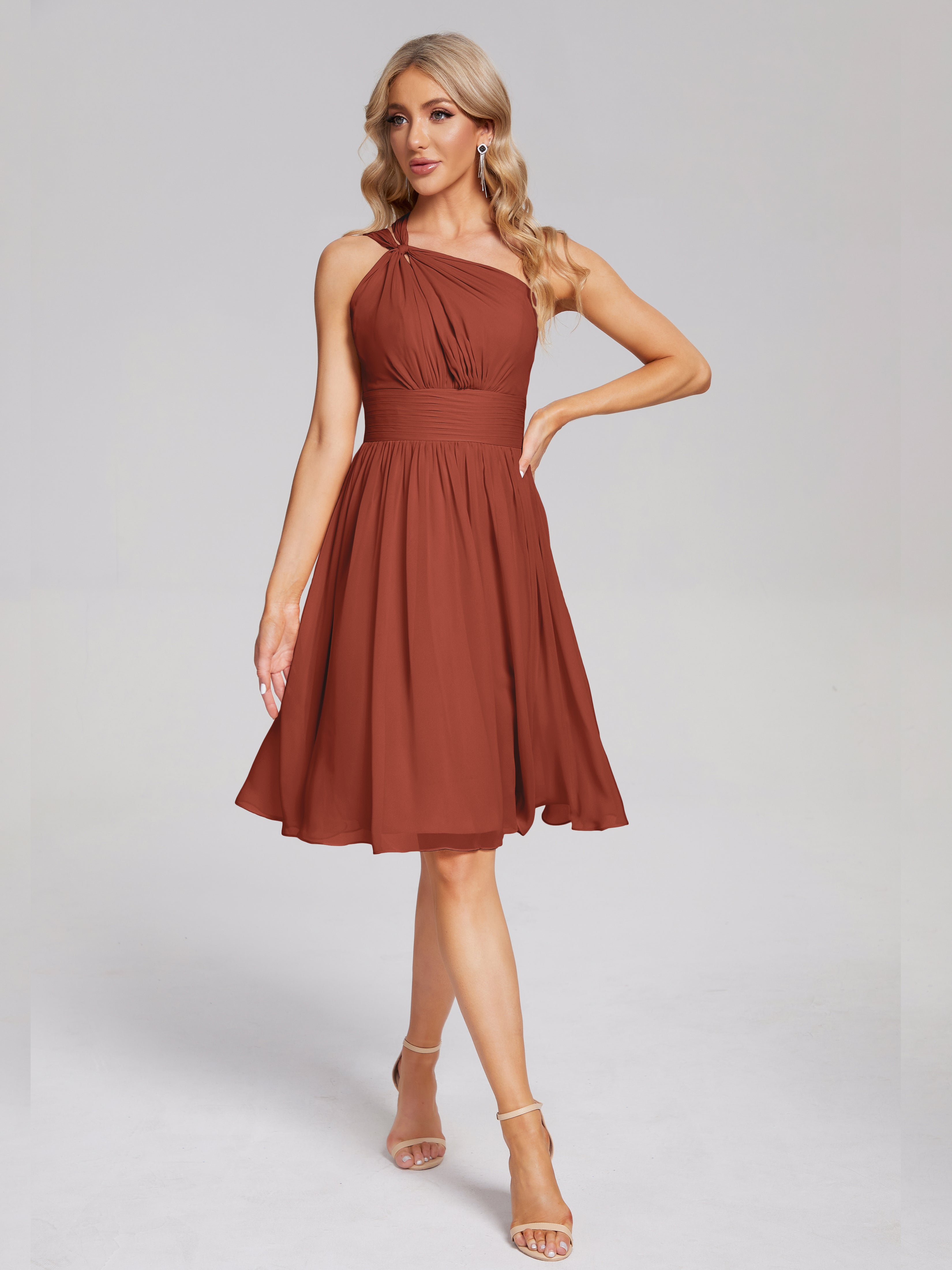 Rouille De Demoiselle D'Honneur Longueur Genou Seule-Épaule Mousseline Robes Demoiselle D'Honneur