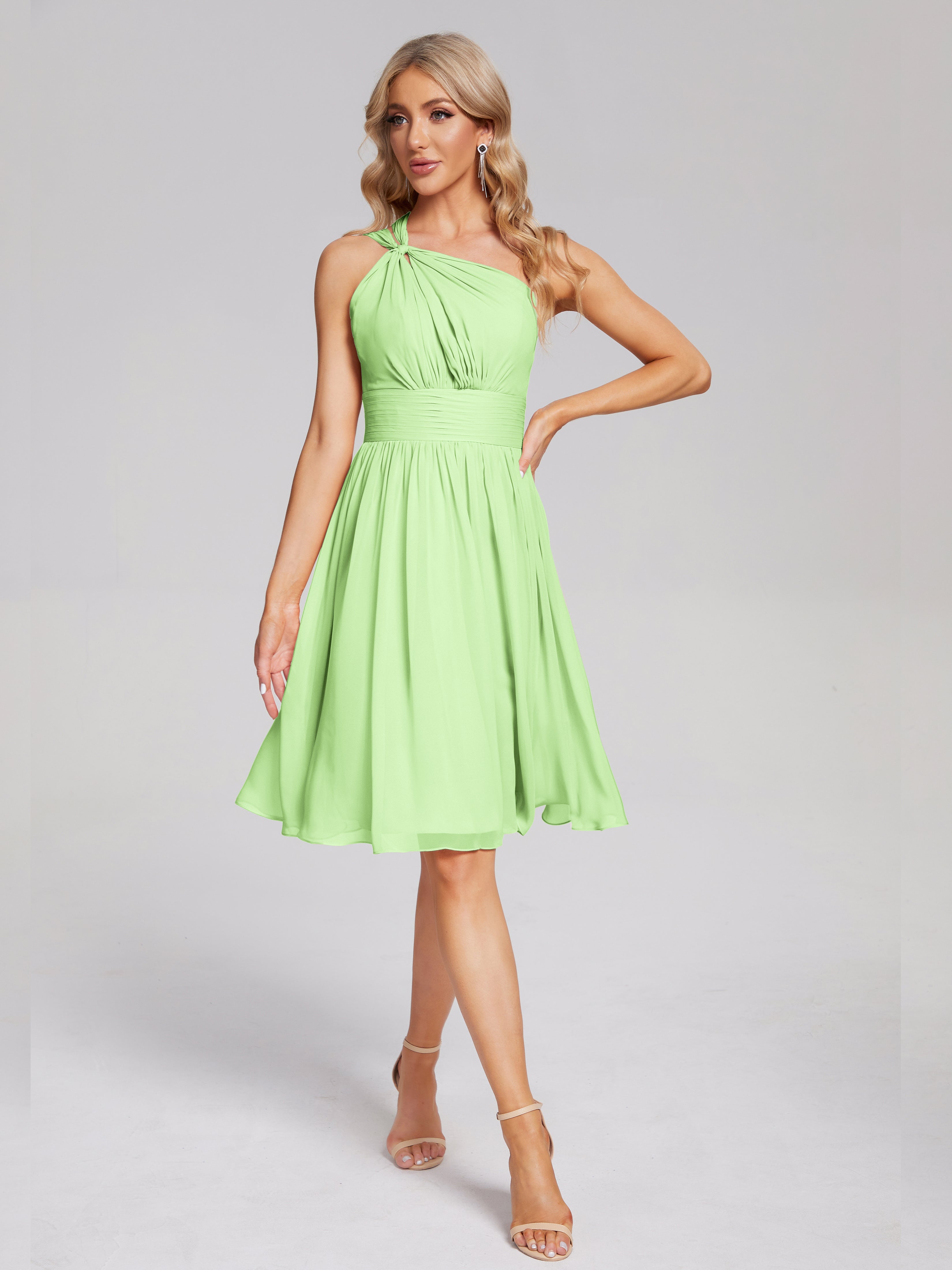 Robe Demoiselle Dhonneur Vert Sauge Longueur Genou Seule-Épaule Mousseline Robes Demoiselle D'Honneur