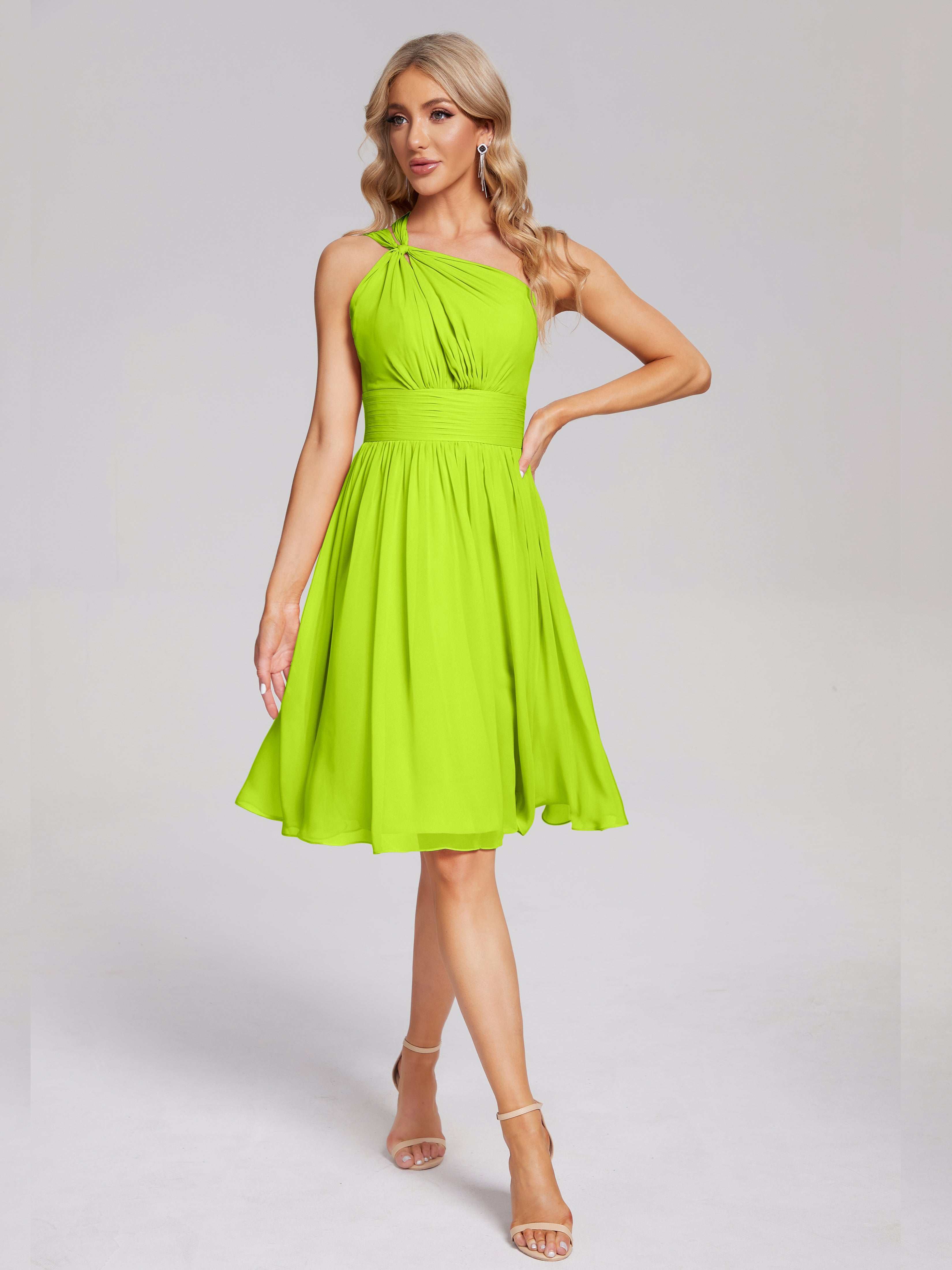 Robes De Demoiselle D'Honneur Vert Citron Longueur Genou Seule-Épaule Mousseline Robes Demoiselle D'Honneur