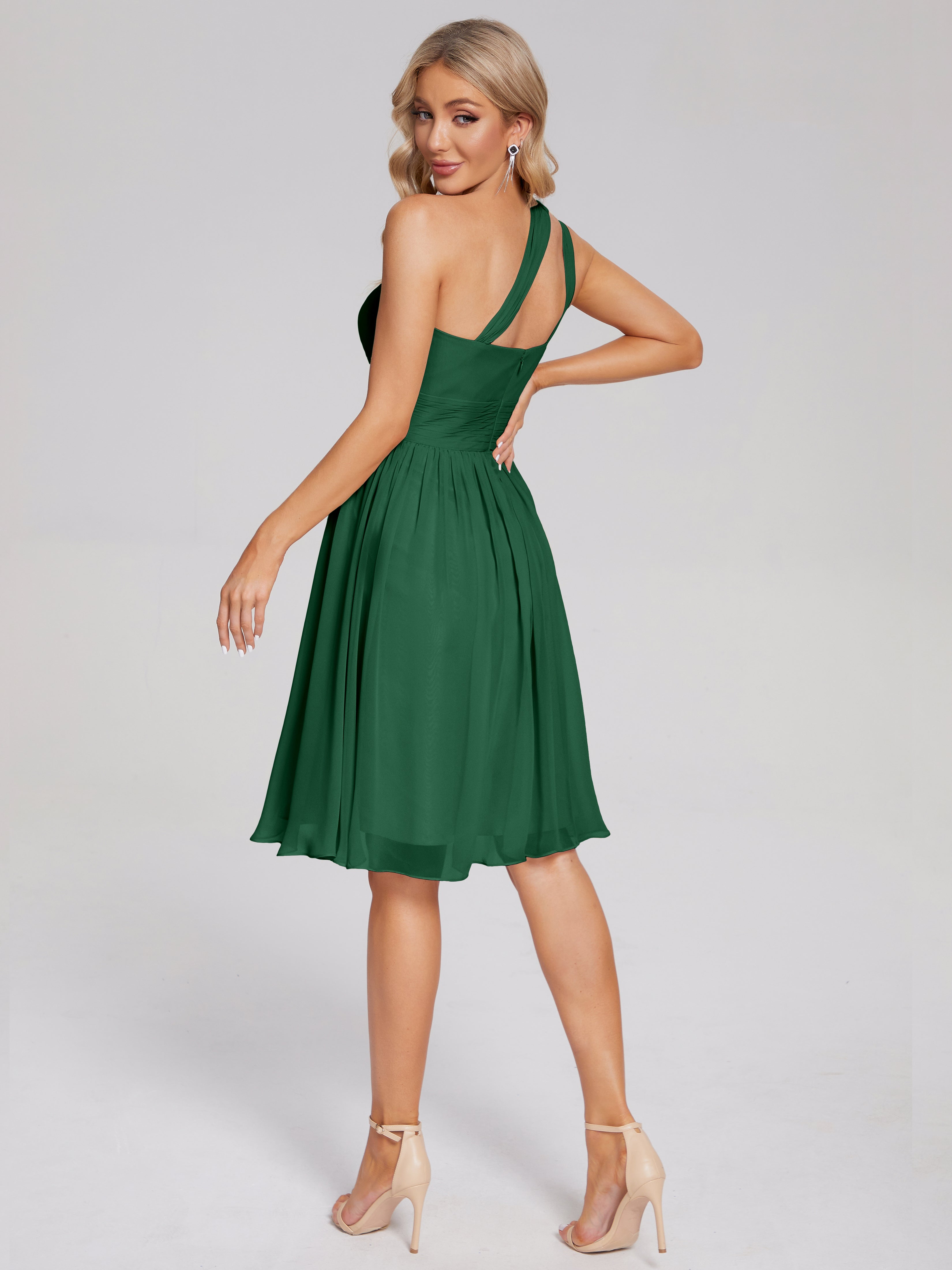 Robes De Demoiselle D'Honneur Vert Foncé Longueur Genou Seule-Épaule Mousseline Robes Demoiselle D'Honneur