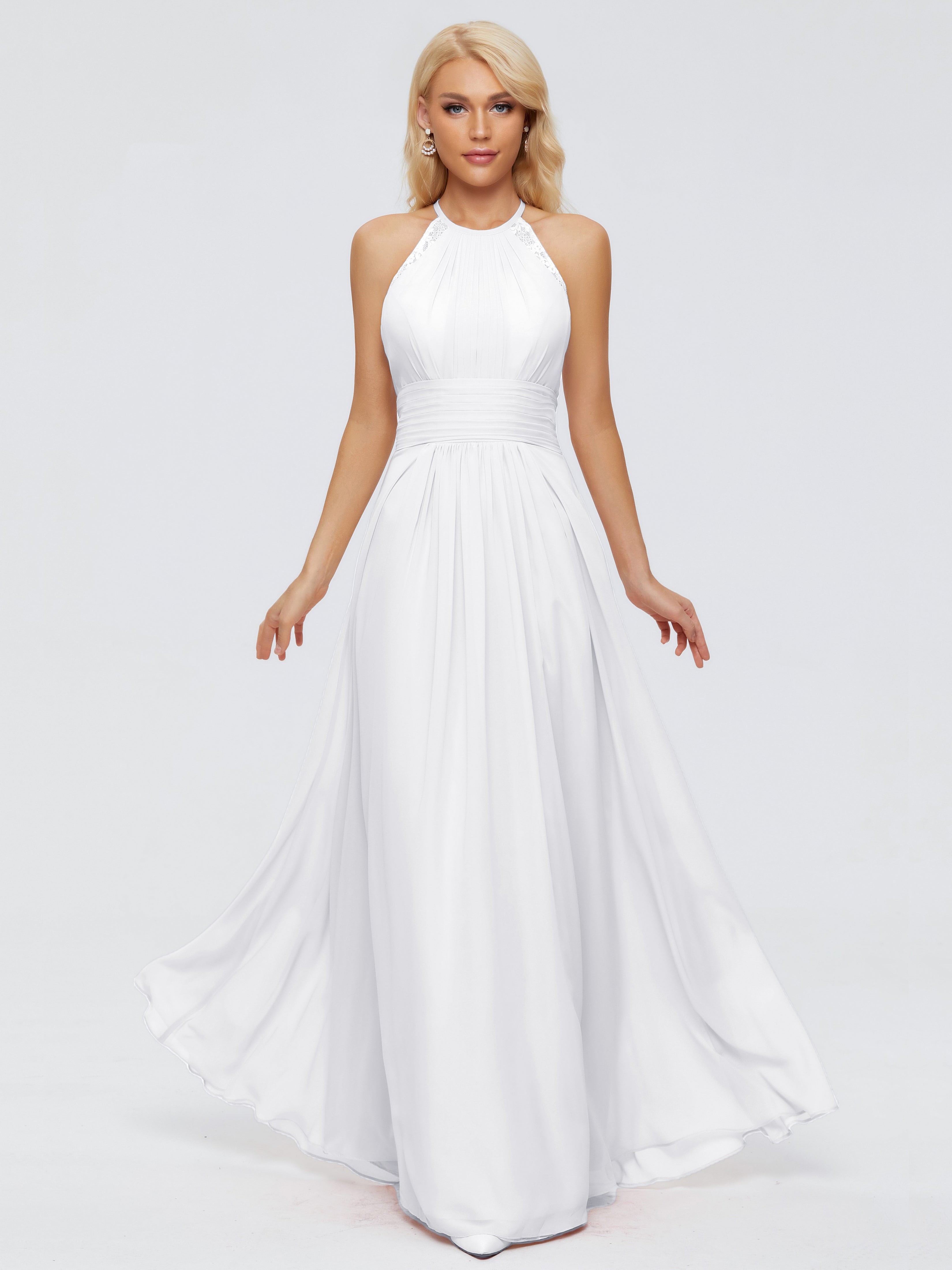 Longues Robes De Demoiselle D'Honneur Blanches Trapèze Licou Dentelle Mousseline Robes Demoiselle D'Honneur