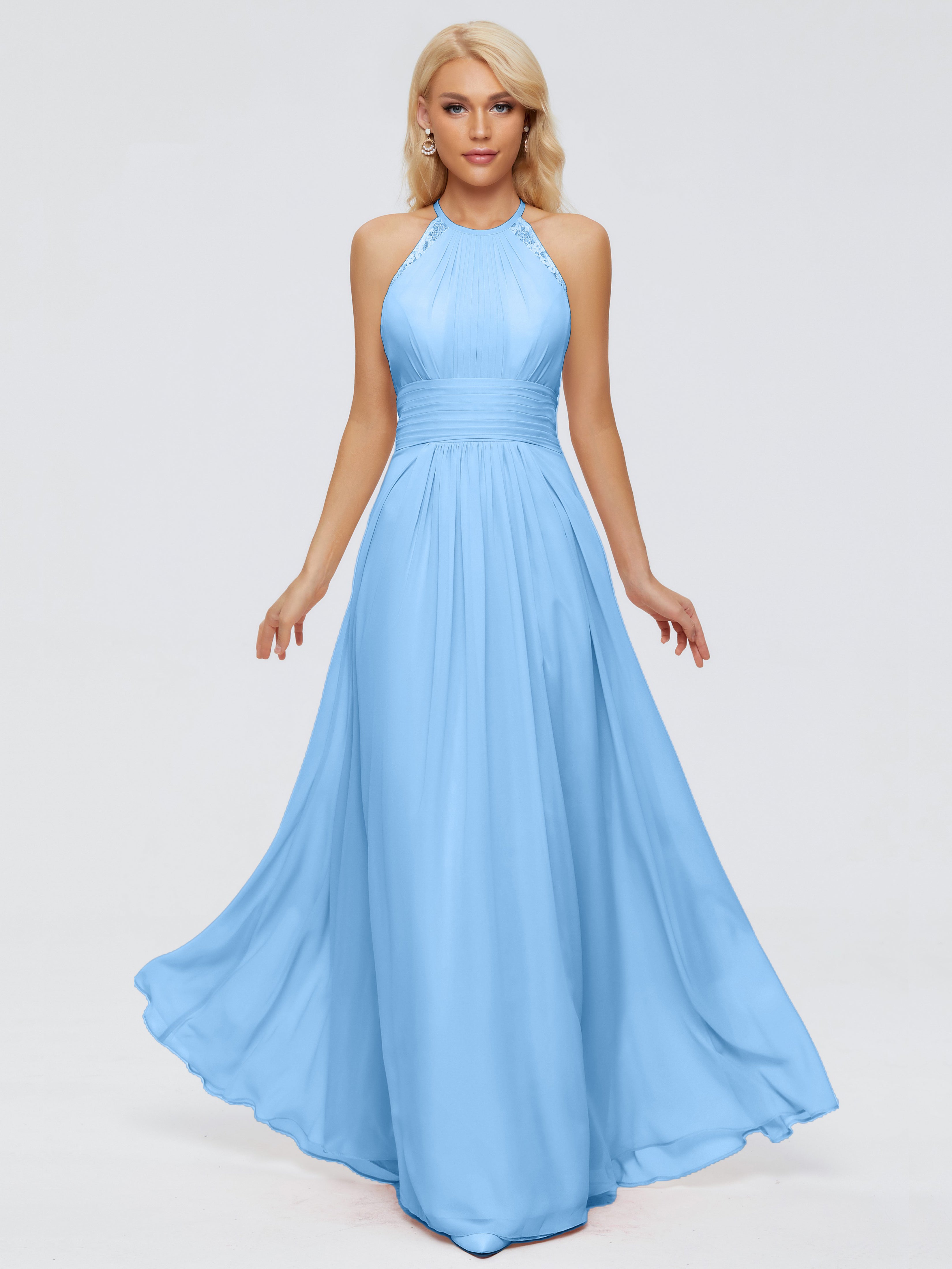 Robe Demoiselle D Honneur Bleu Trapèze Licou Dentelle Mousseline Robes Demoiselle D'Honneur