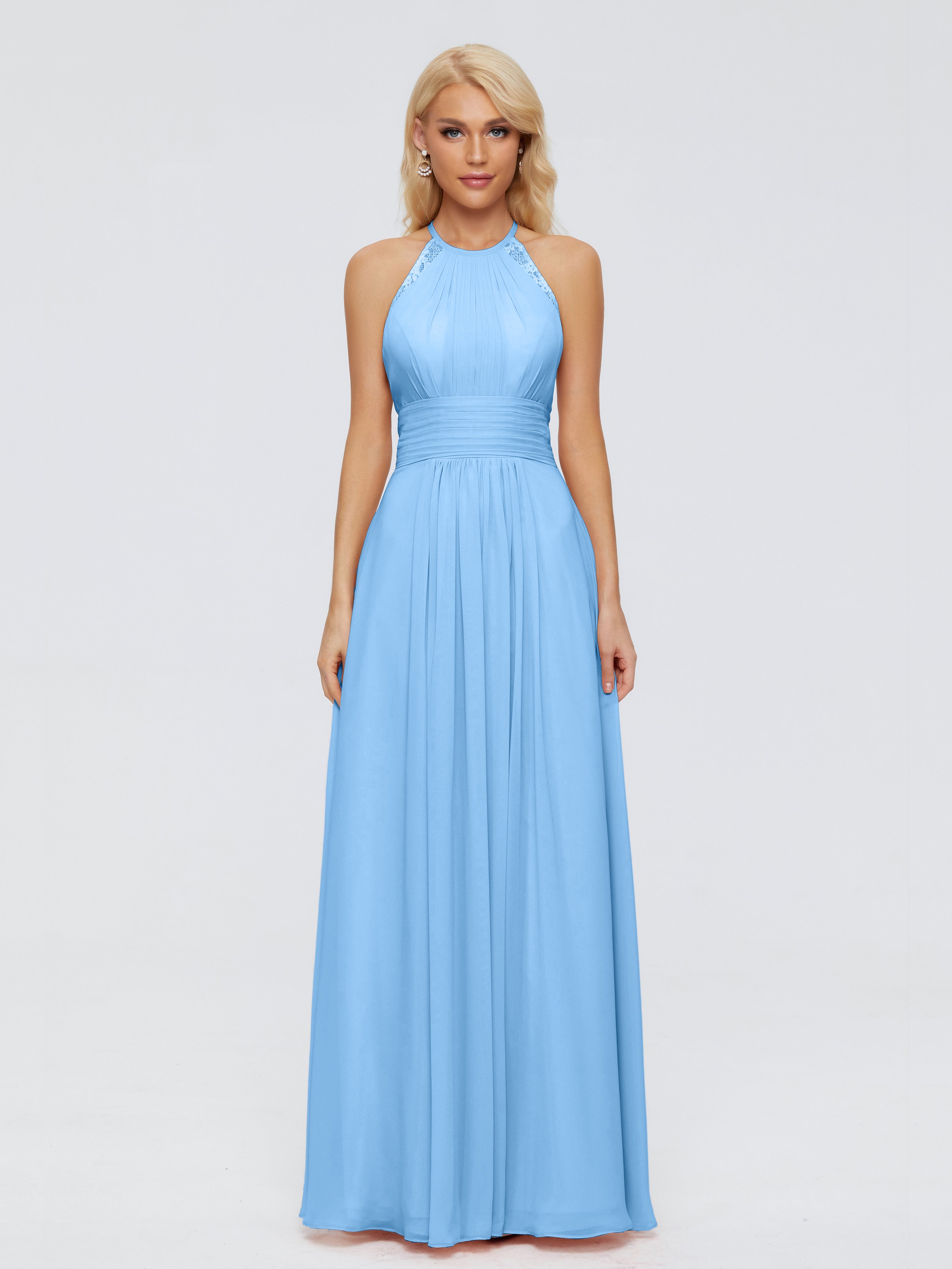 Robe Demoiselle D Honneur Bleu Trapèze Licou Dentelle Mousseline Robes Demoiselle D'Honneur