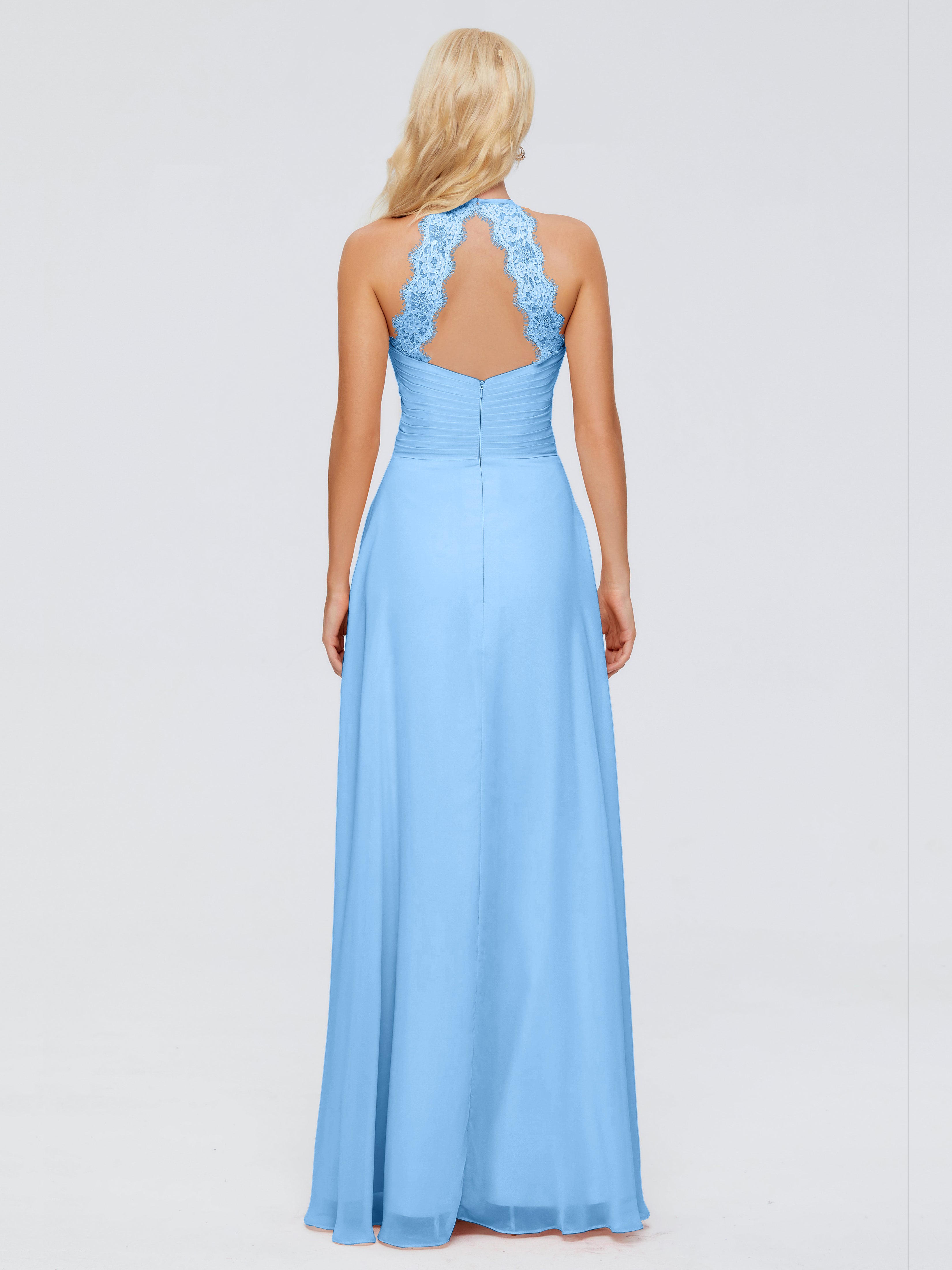 Robe Demoiselle D Honneur Bleu Trapèze Licou Dentelle Mousseline Robes Demoiselle D'Honneur