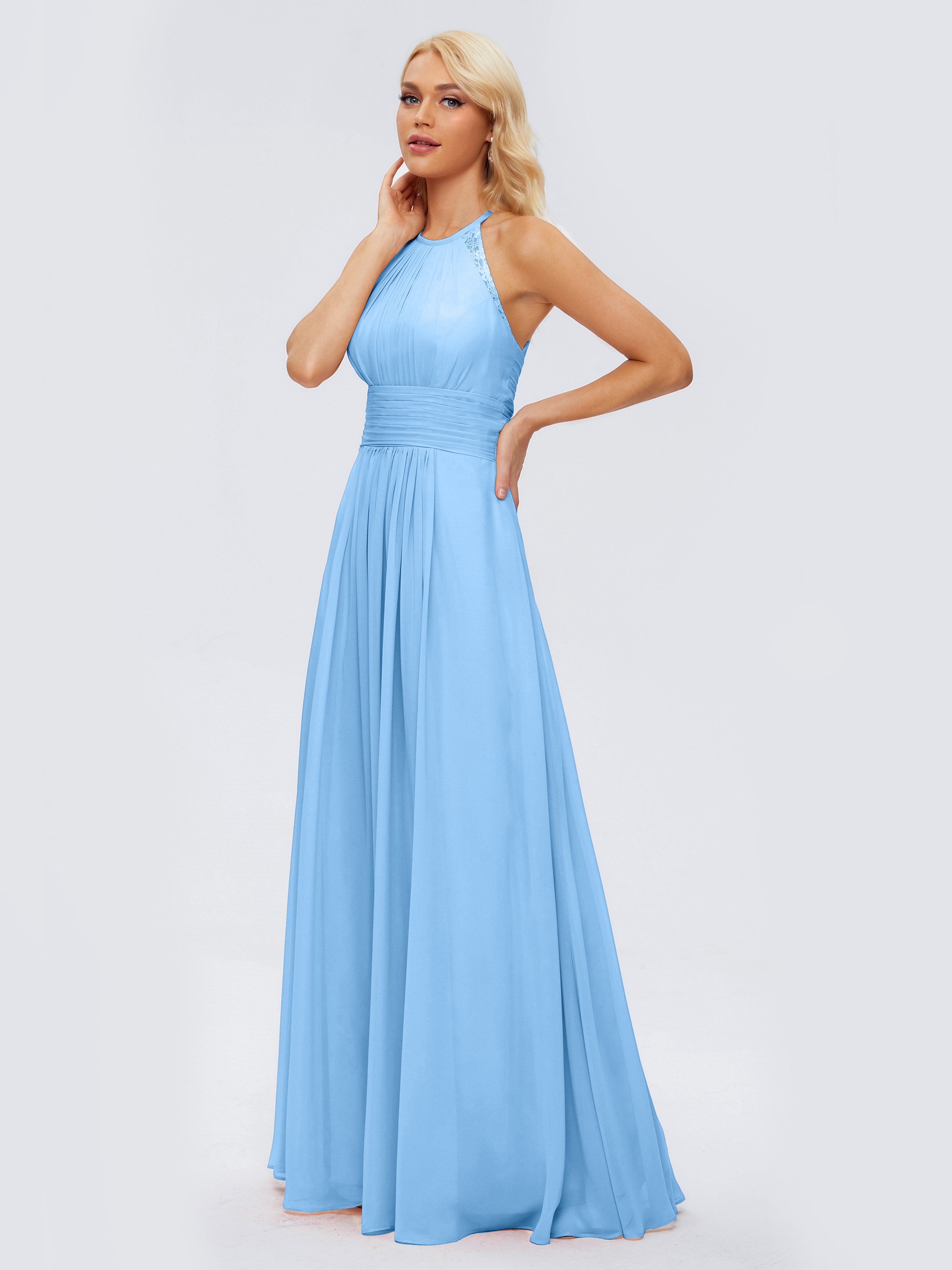 Robe Demoiselle D Honneur Bleu Trapèze Licou Dentelle Mousseline Robes Demoiselle D'Honneur