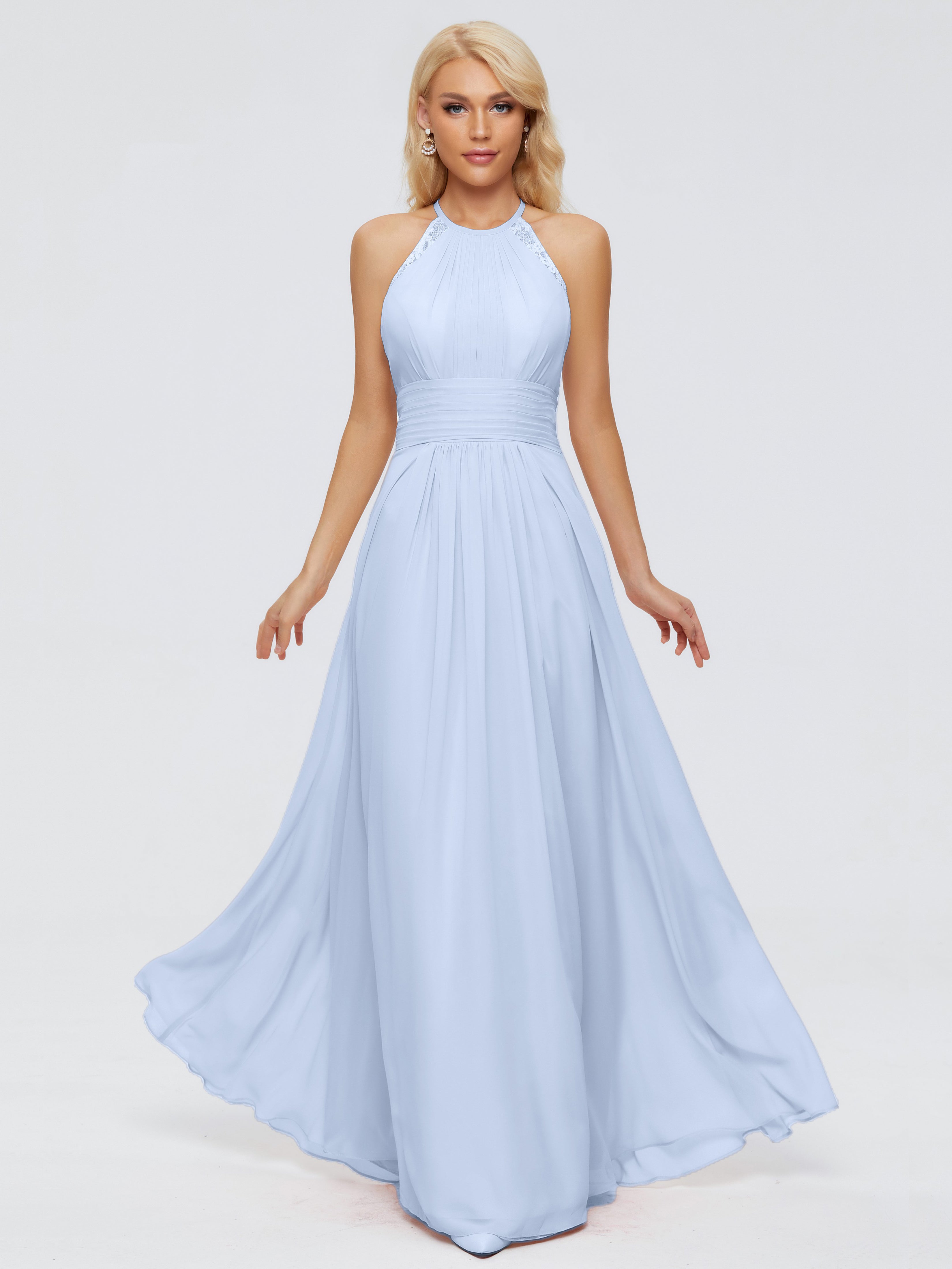 Robes De Demoiselle D'Honneur Bleu Ciel Trapèze Licou Dentelle Mousseline Robes Demoiselle D'Honneur