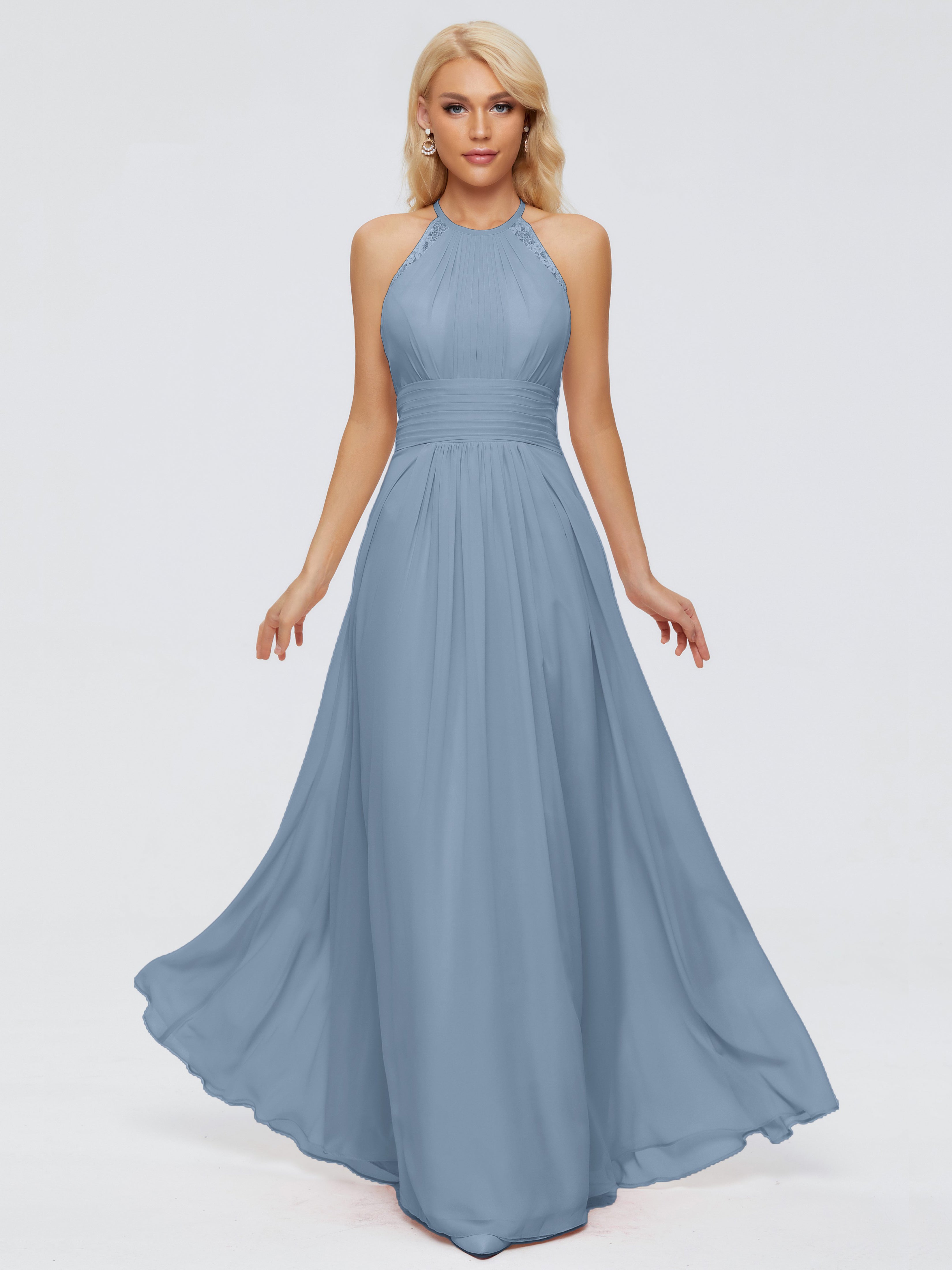 Robes De Demoiselle D'Honneur Bleu De Schiste Trapèze Licou Dentelle Mousseline Robes Demoiselle D'Honneur