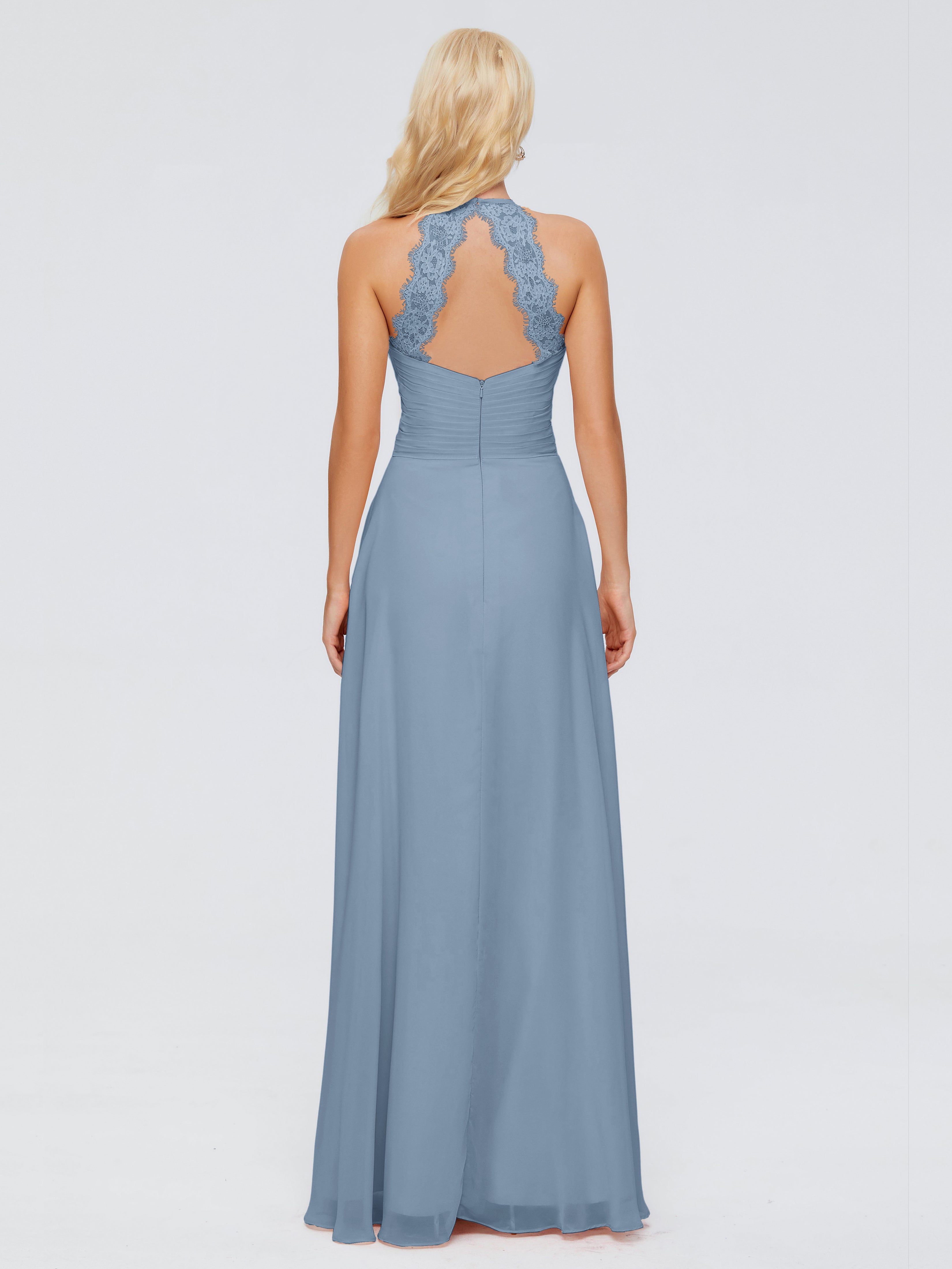 Robes De Demoiselle D'Honneur Bleu De Schiste Trapèze Licou Dentelle Mousseline Robes Demoiselle D'Honneur