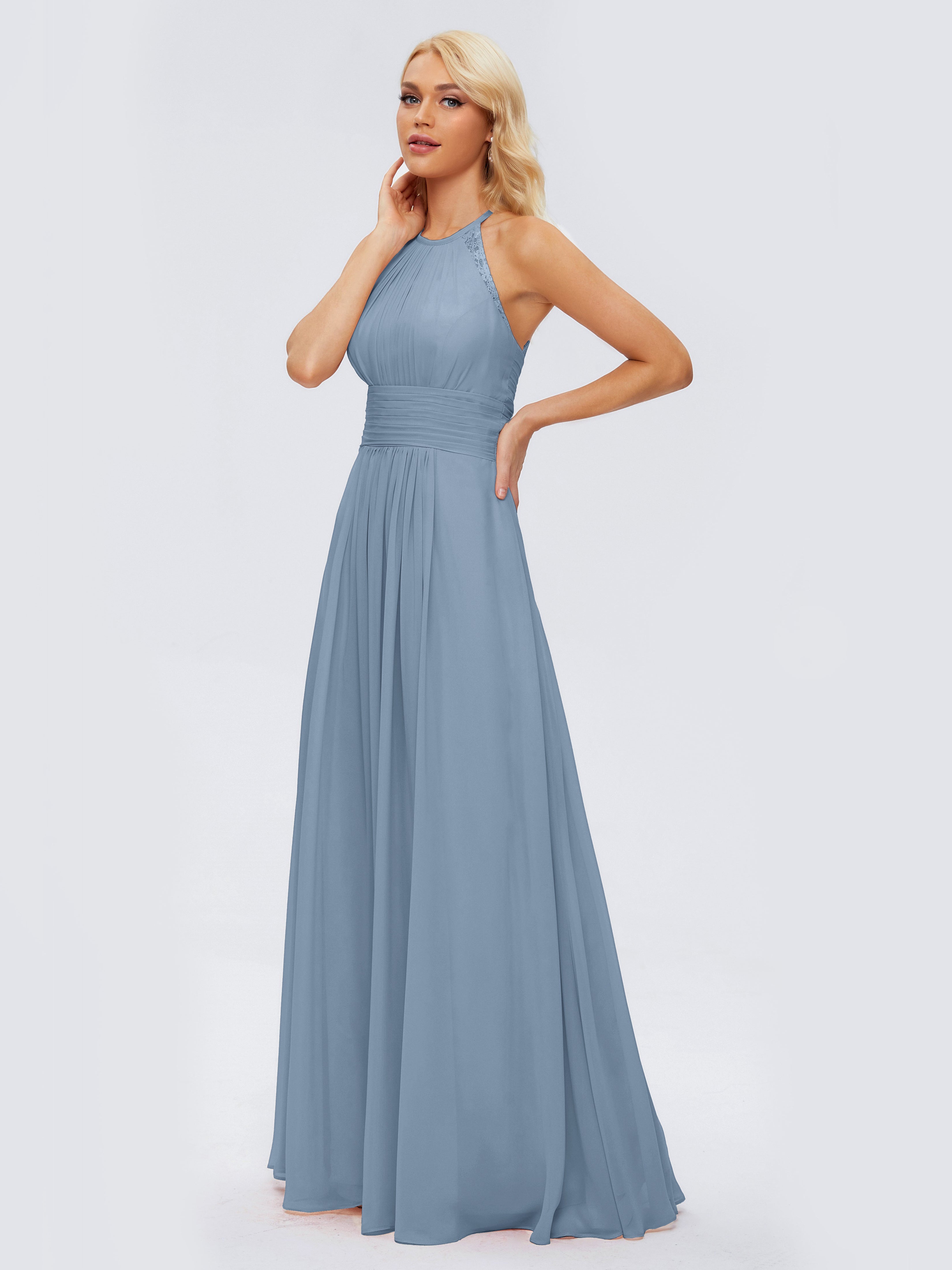 Robes De Demoiselle D'Honneur Bleu De Schiste Trapèze Licou Dentelle Mousseline Robes Demoiselle D'Honneur