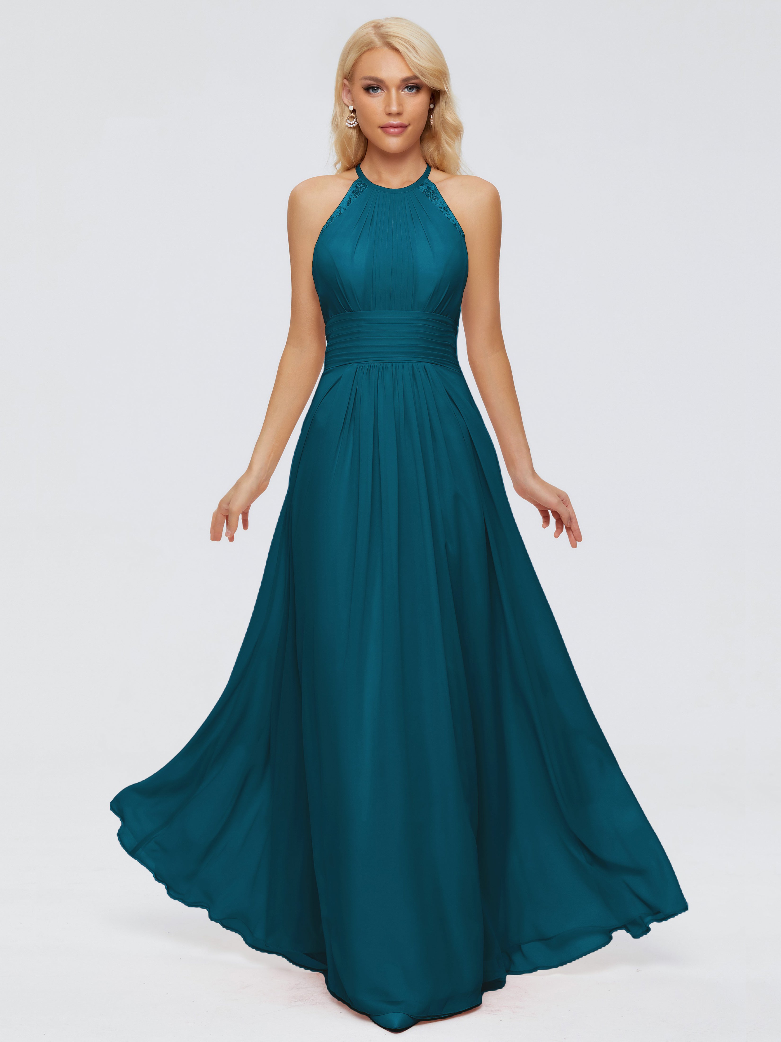 Robe De Demoiselle D'Honneur Bleu Encre Trapèze Licou Dentelle Mousseline
