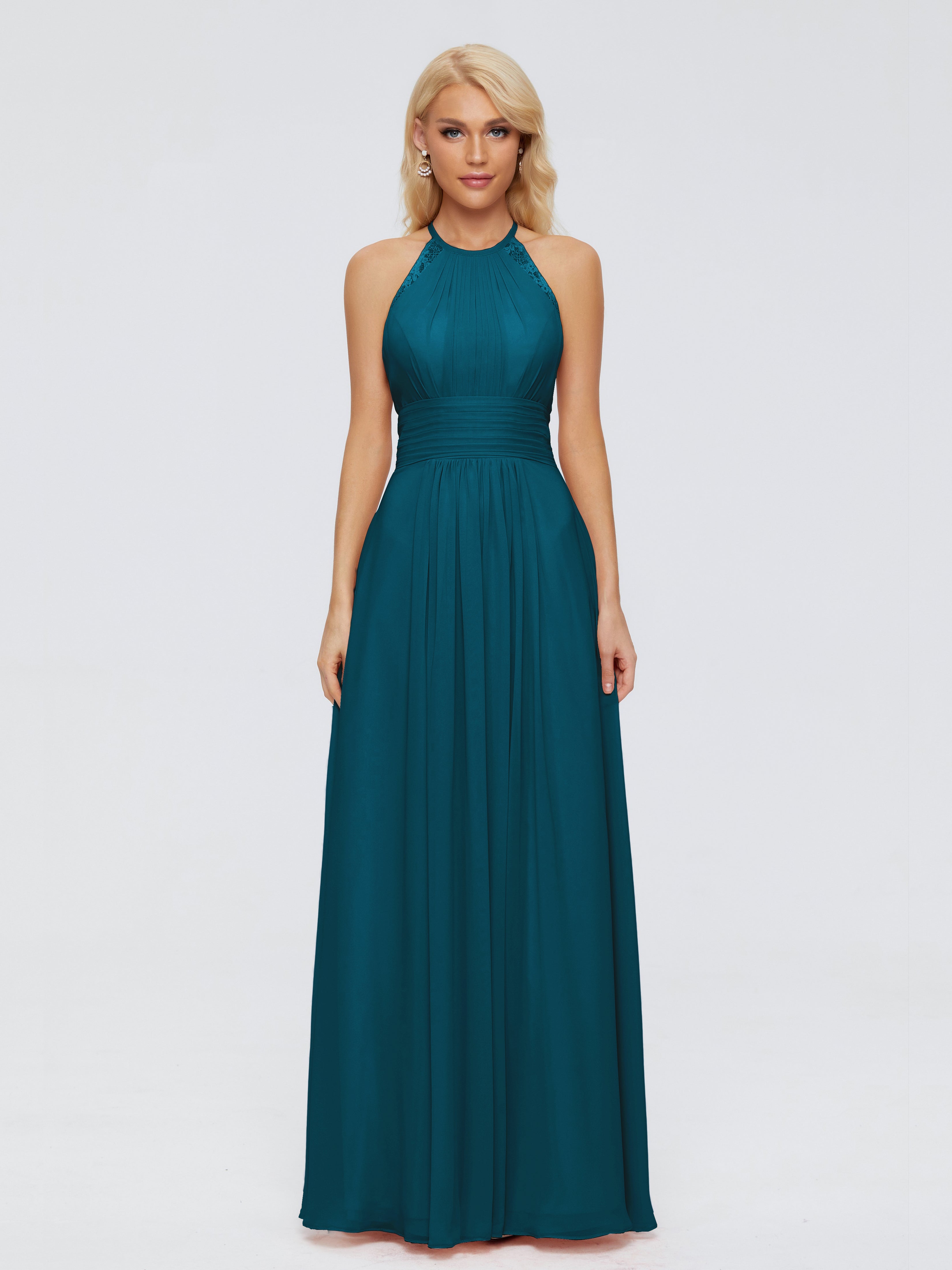 Robe De Demoiselle D'Honneur Bleu Encre Trapèze Licou Dentelle Mousseline