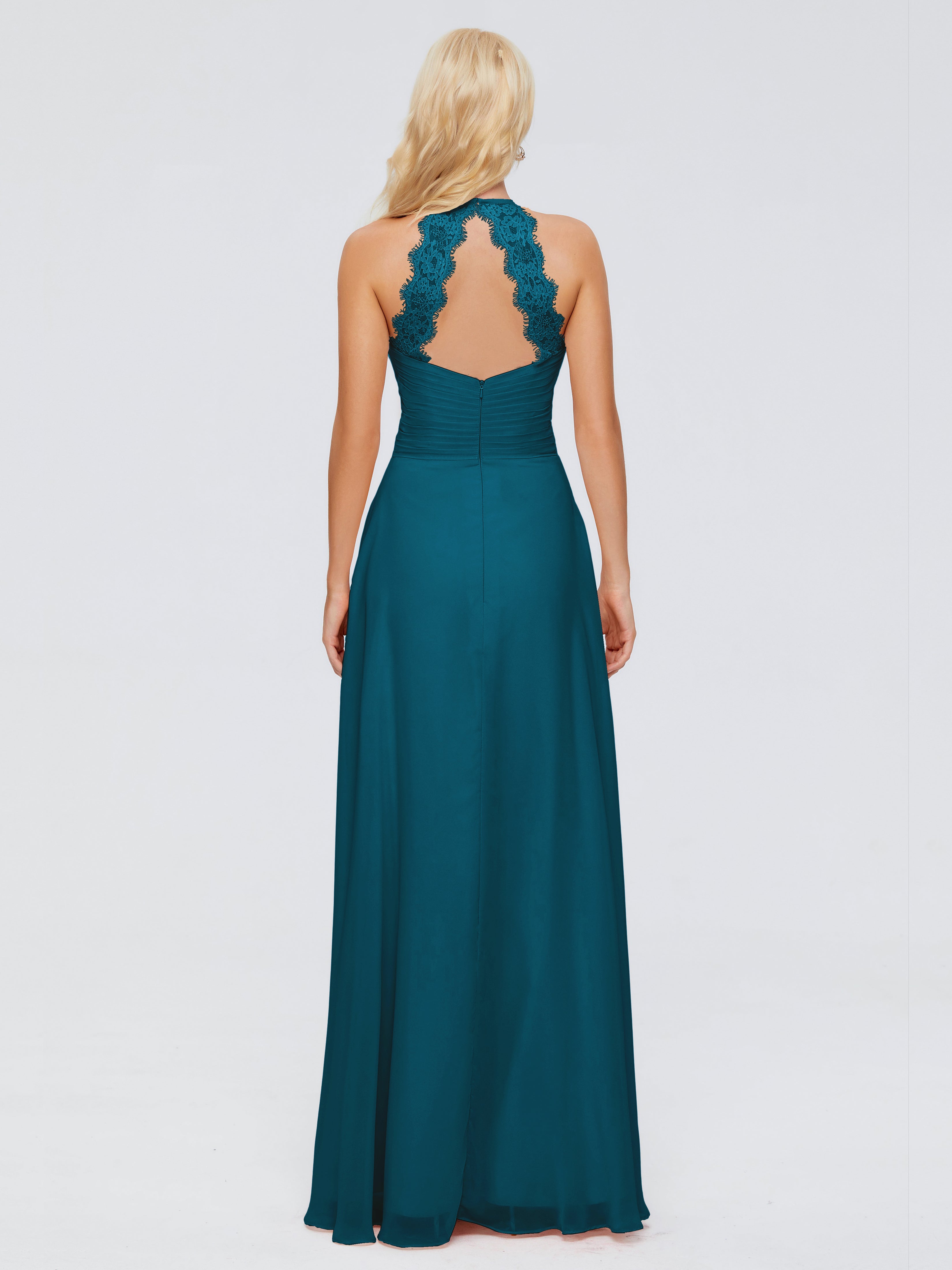 Robe De Demoiselle D'Honneur Bleu Encre Trapèze Licou Dentelle Mousseline