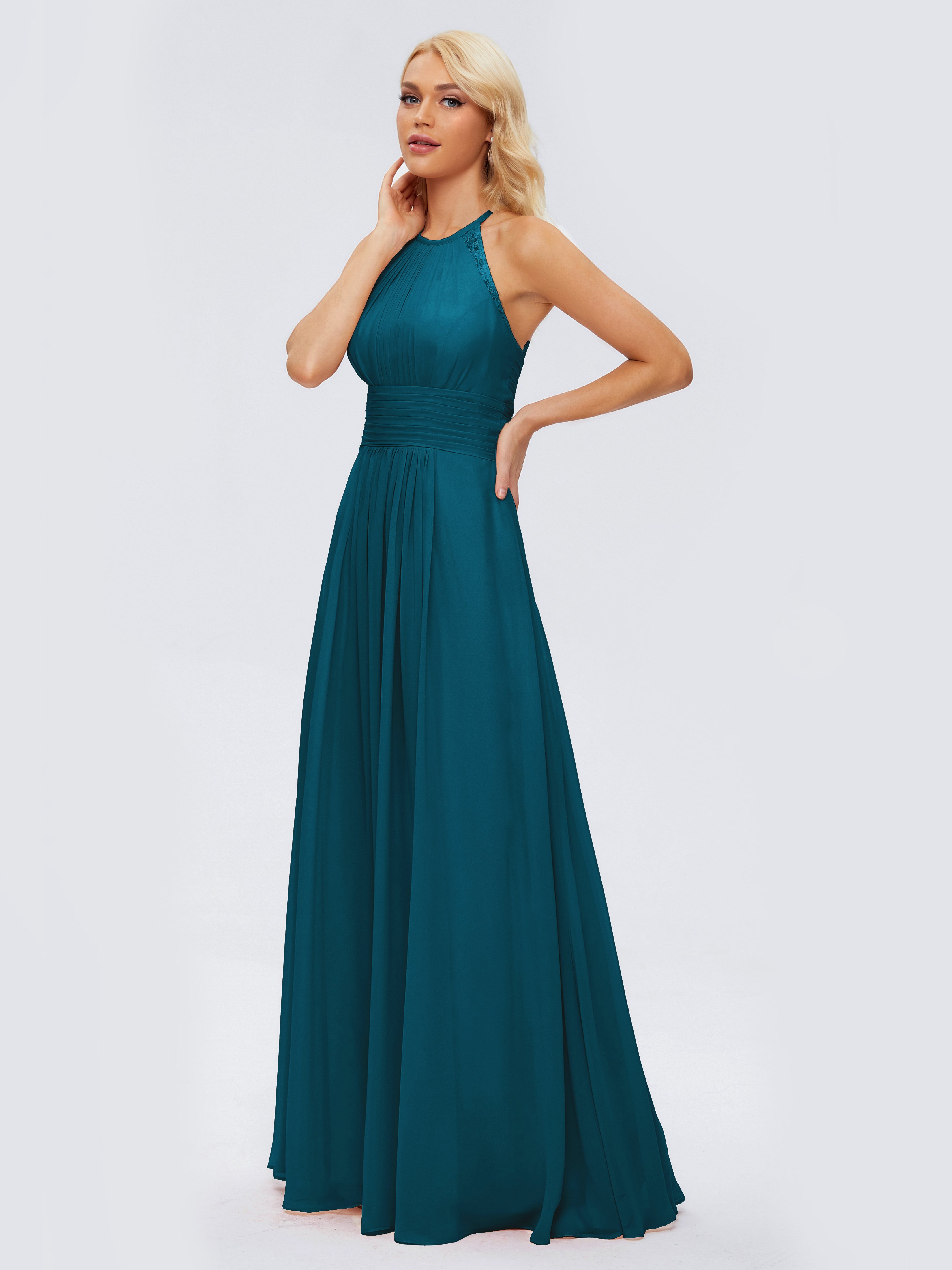 Robe De Demoiselle D'Honneur Bleu Encre Trapèze Licou Dentelle Mousseline