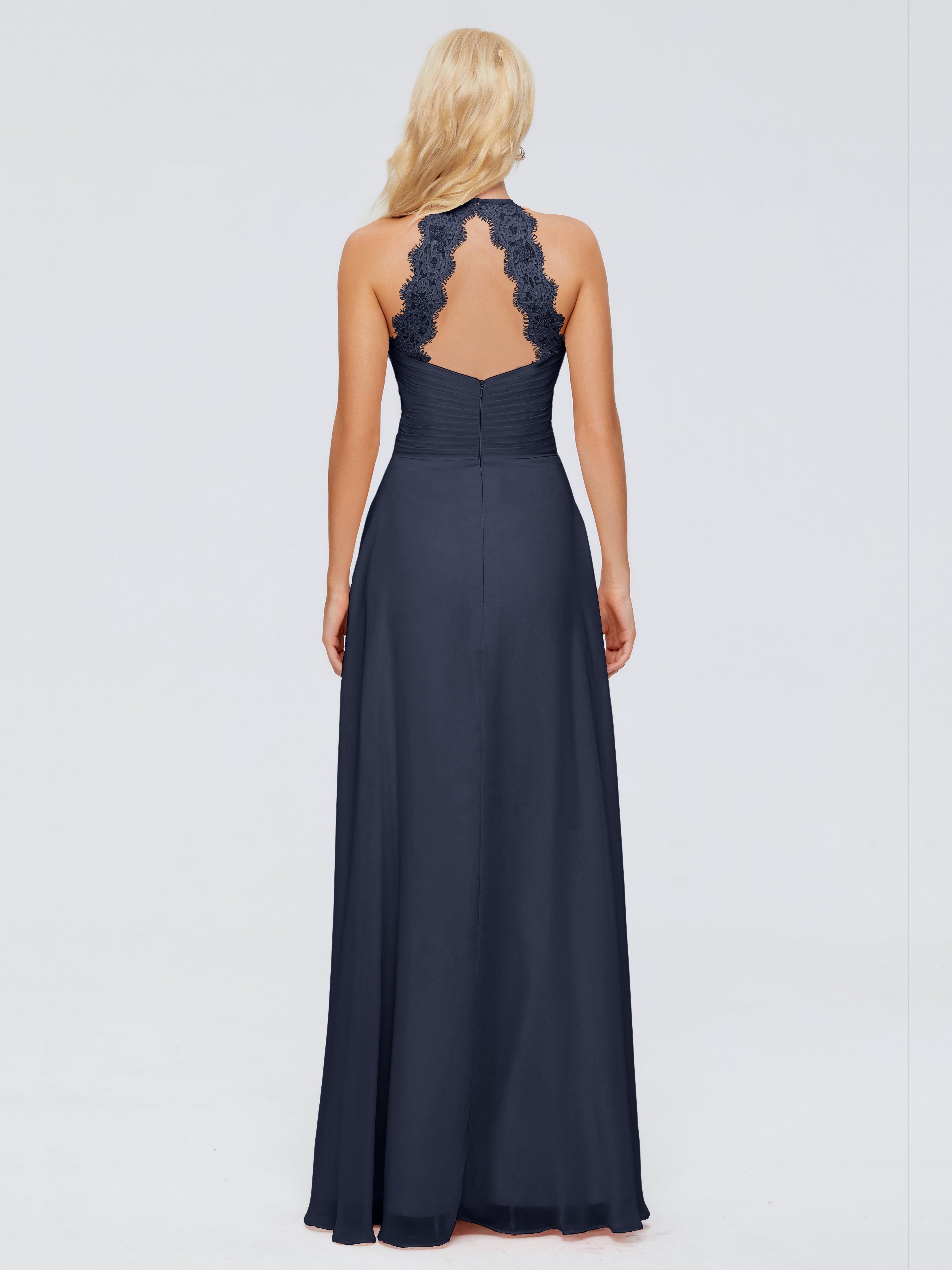 Robes De Demoiselle D'Honneur Bleu Marine Modestes Trapèze Licou Dentelle Mousseline Robes Demoiselle D'Honneur