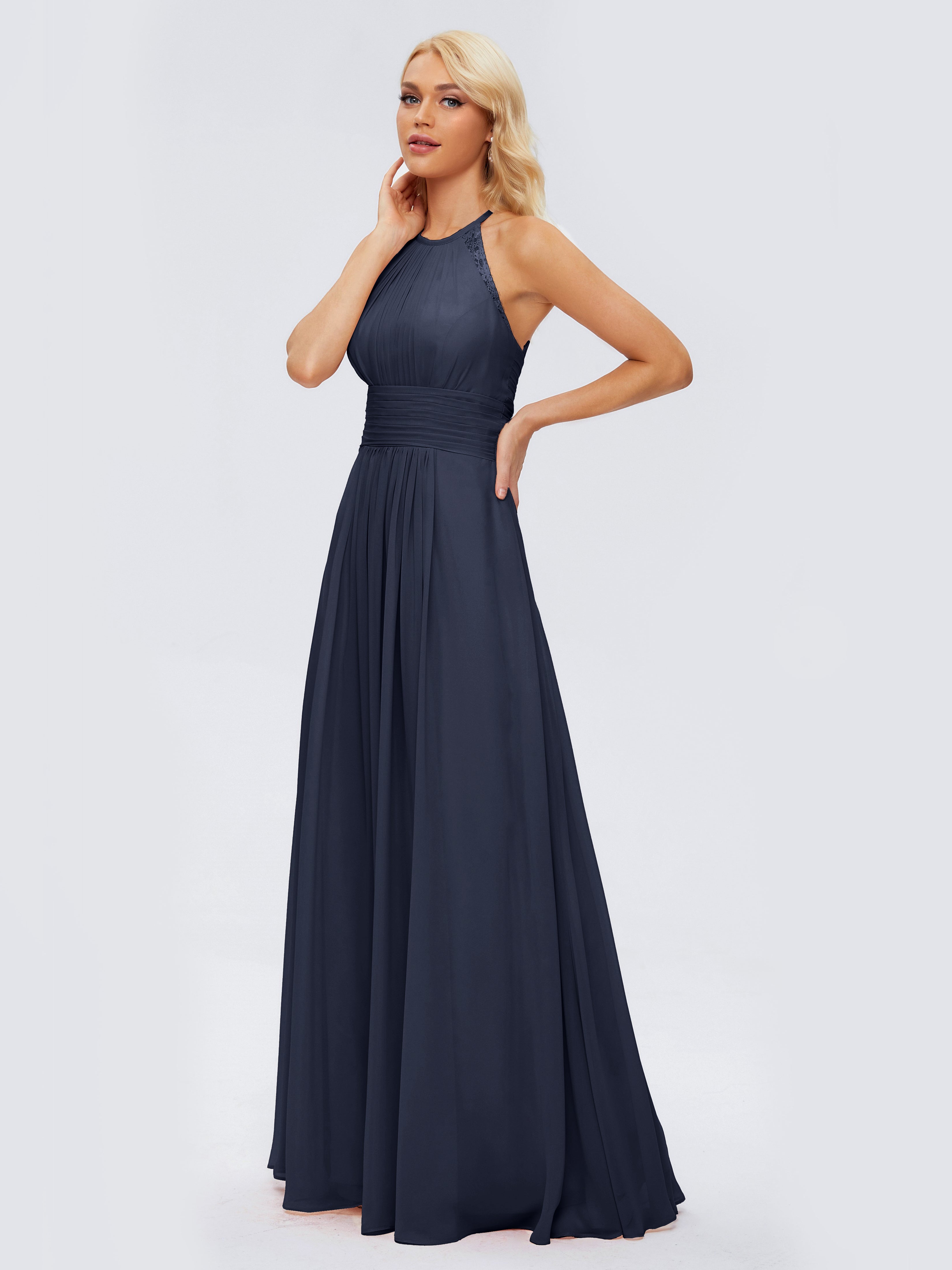 Robes De Demoiselle D'Honneur Bleu Marine Modestes Trapèze Licou Dentelle Mousseline Robes Demoiselle D'Honneur