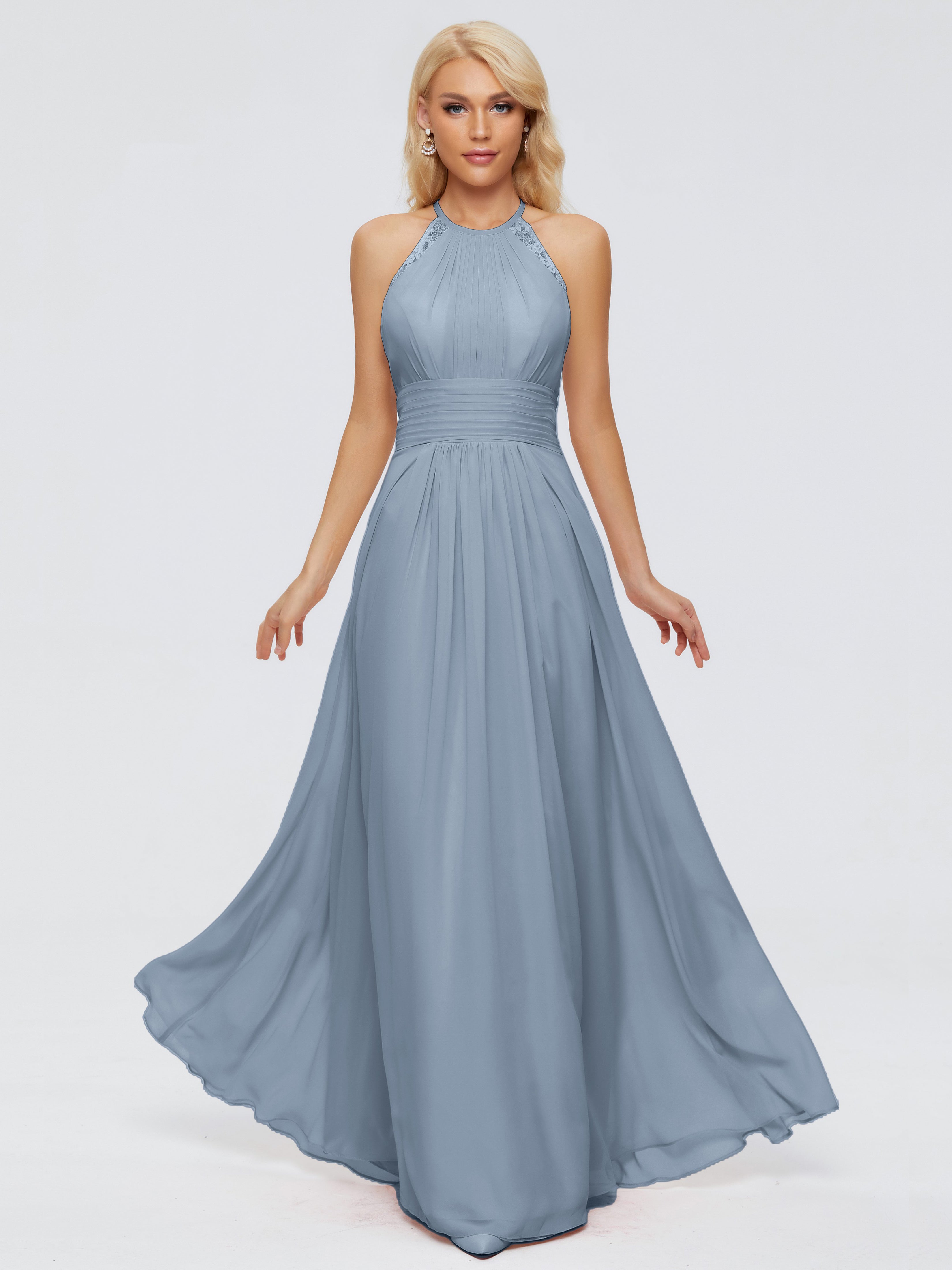 Robes De Demoiselle D'Honneur Bleu Poudre Trapèze Licou Dentelle Mousseline Robes Demoiselle D'Honneur