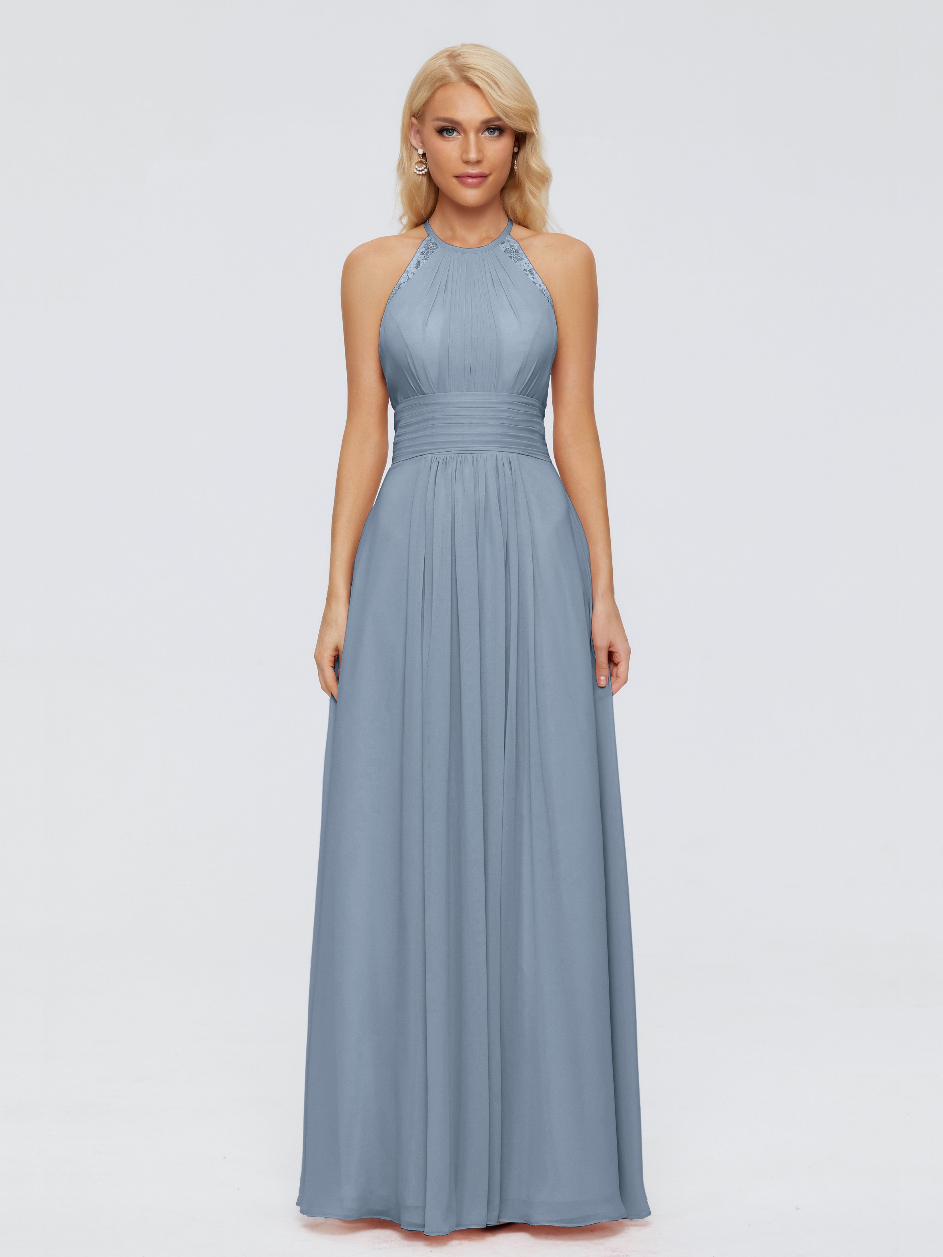Robes De Demoiselle D'Honneur Bleu Poudre Trapèze Licou Dentelle Mousseline Robes Demoiselle D'Honneur