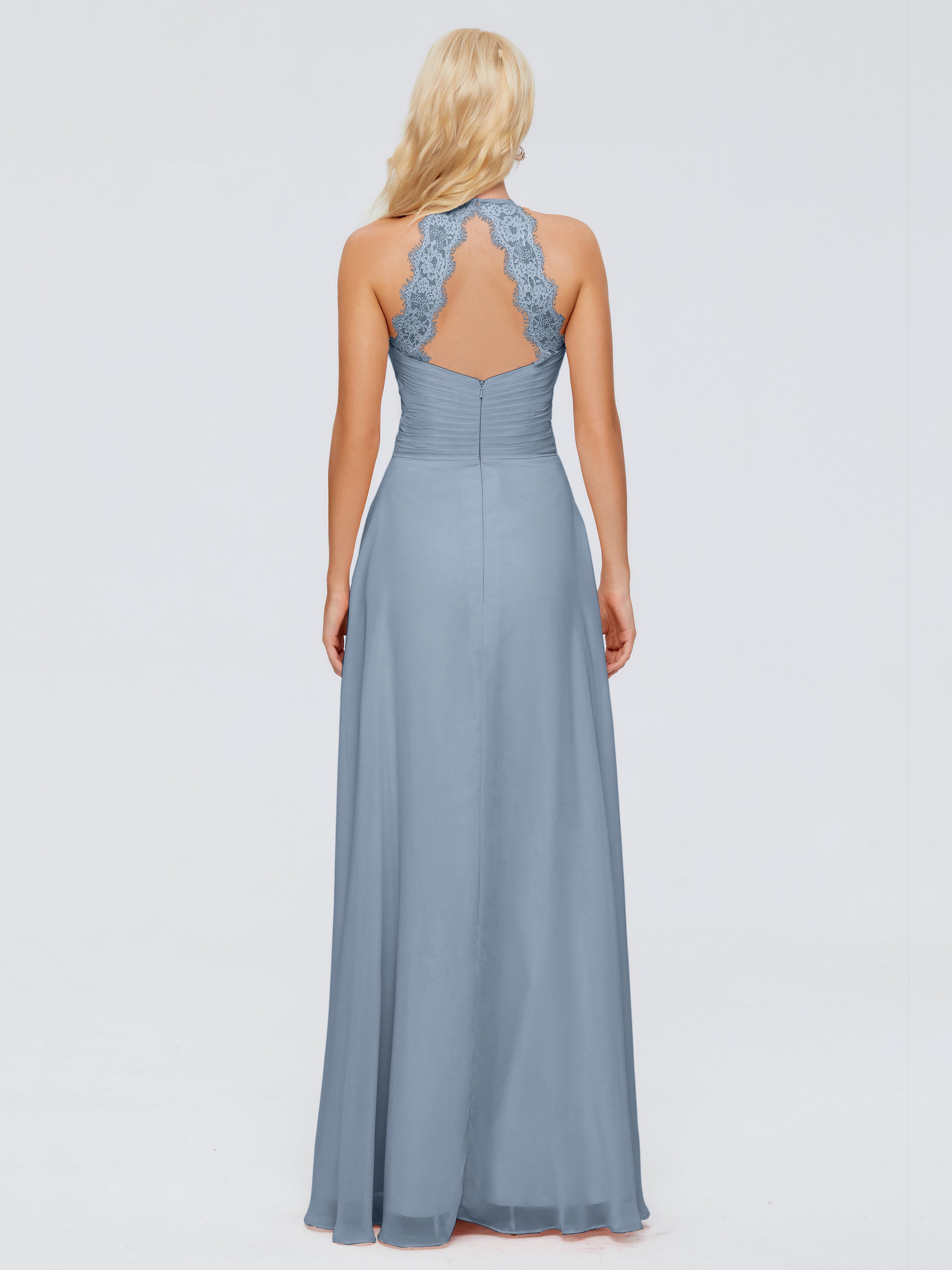 Robes De Demoiselle D'Honneur Bleu Poudre Trapèze Licou Dentelle Mousseline Robes Demoiselle D'Honneur