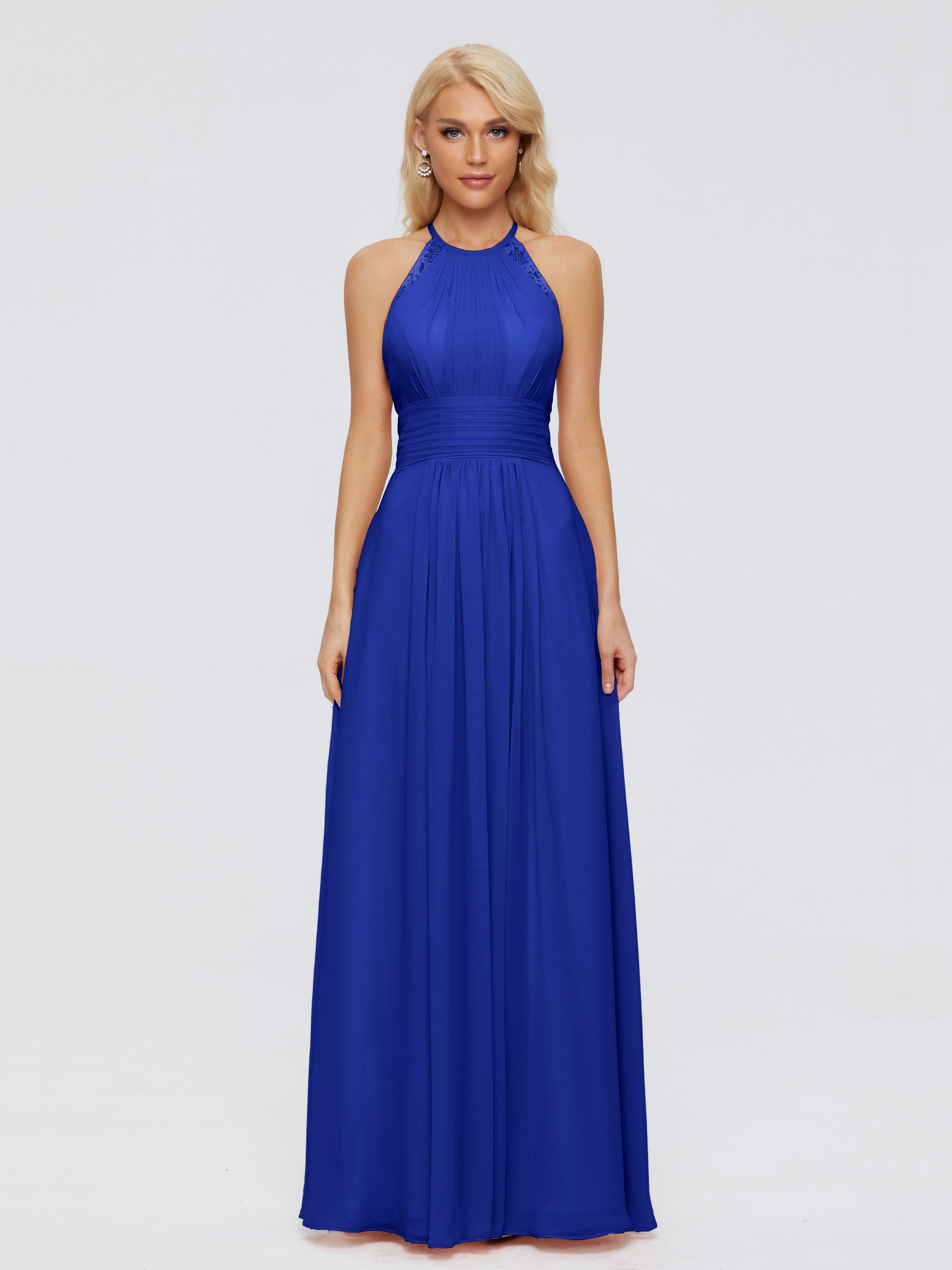 Robes De Demoiselle D'Honneur Bleu Royal Trapèze Licou Dentelle Mousseline Robes Demoiselle D'Honneur