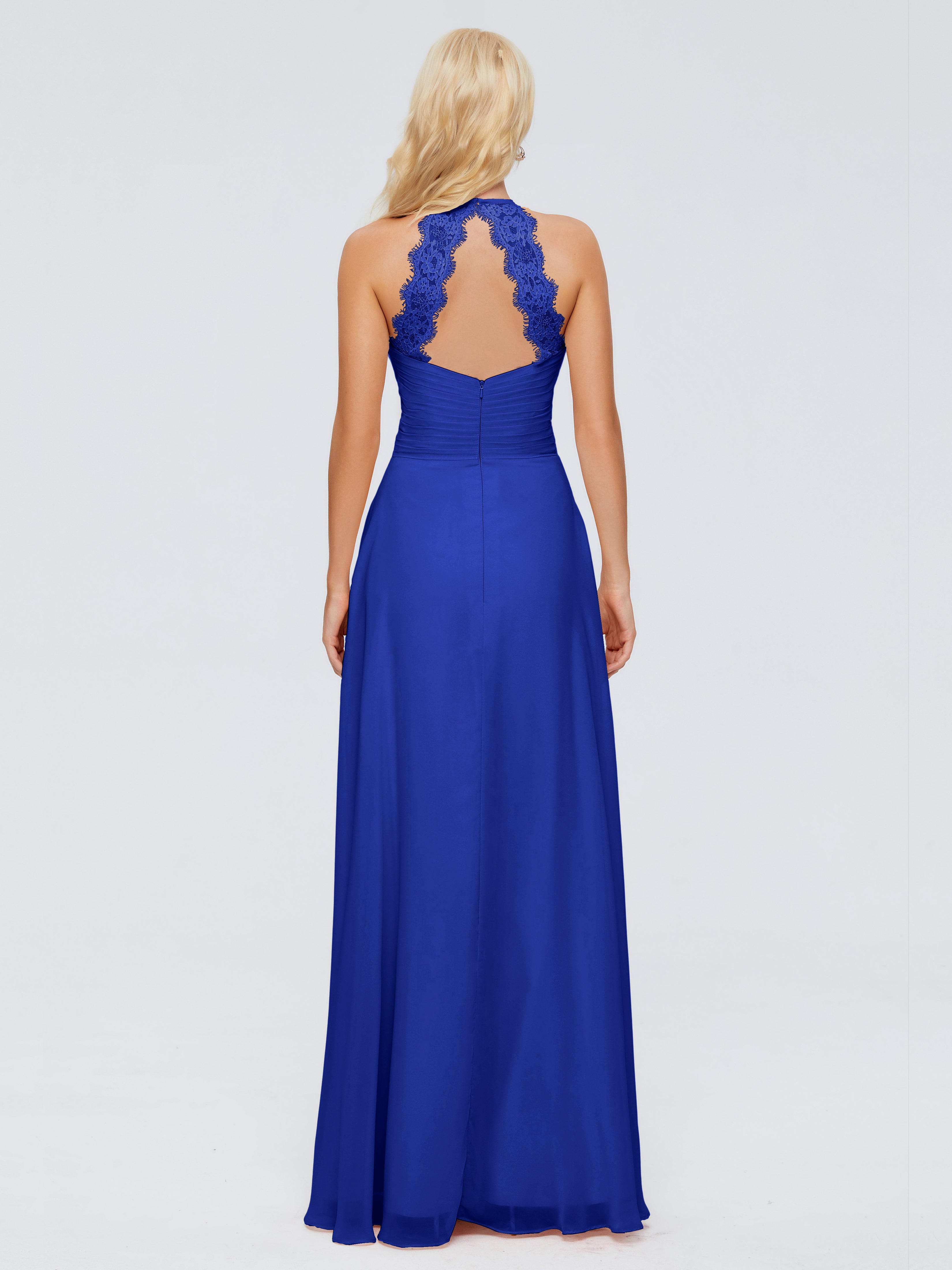 Robes De Demoiselle D'Honneur Bleu Royal Trapèze Licou Dentelle Mousseline Robes Demoiselle D'Honneur