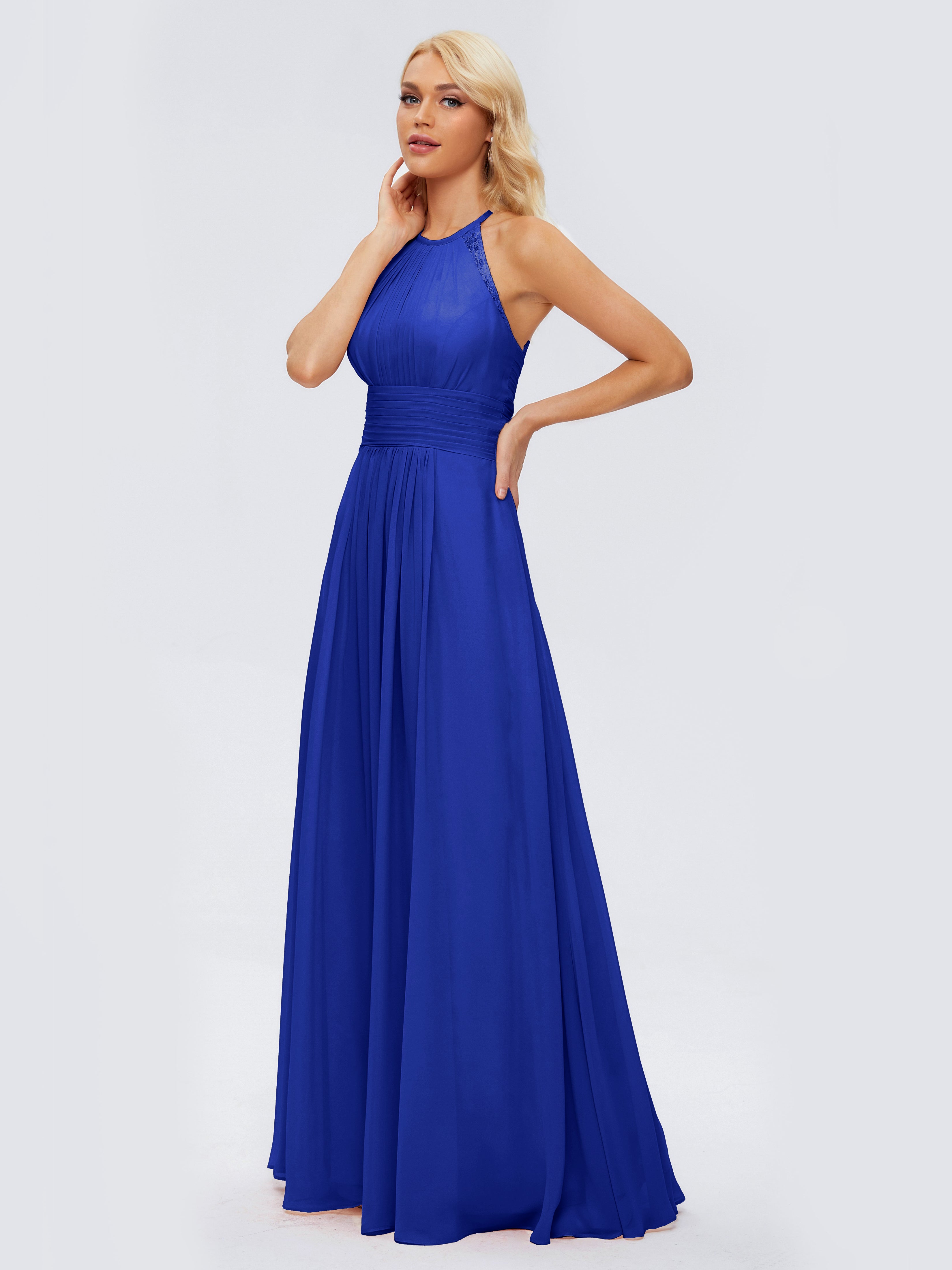 Robes De Demoiselle D'Honneur Bleu Royal Trapèze Licou Dentelle Mousseline Robes Demoiselle D'Honneur