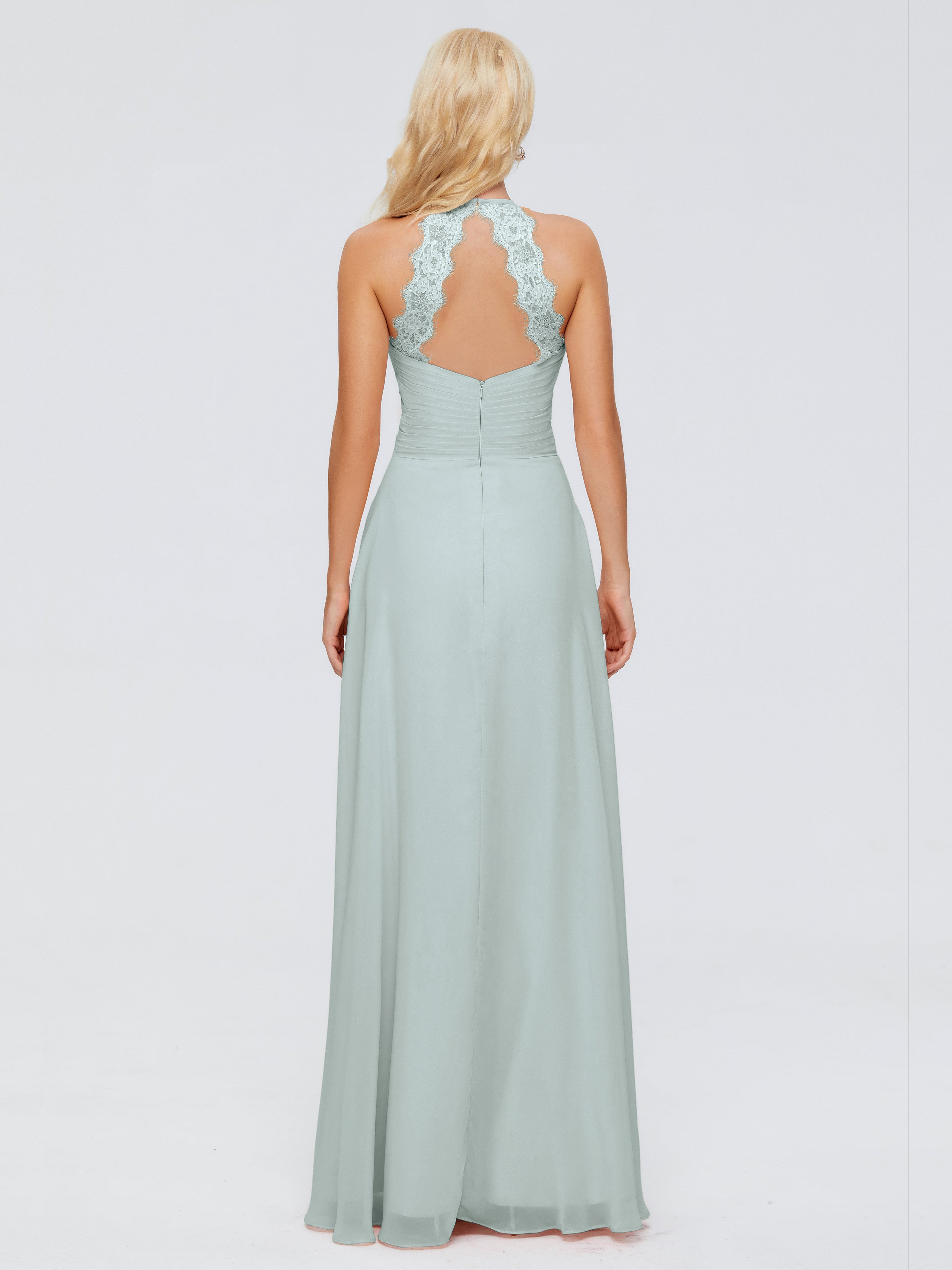 Robes De Demoiselle D'Honneur Celadon Trapèze Licou Dentelle Mousseline Robes Demoiselle D'Honneur