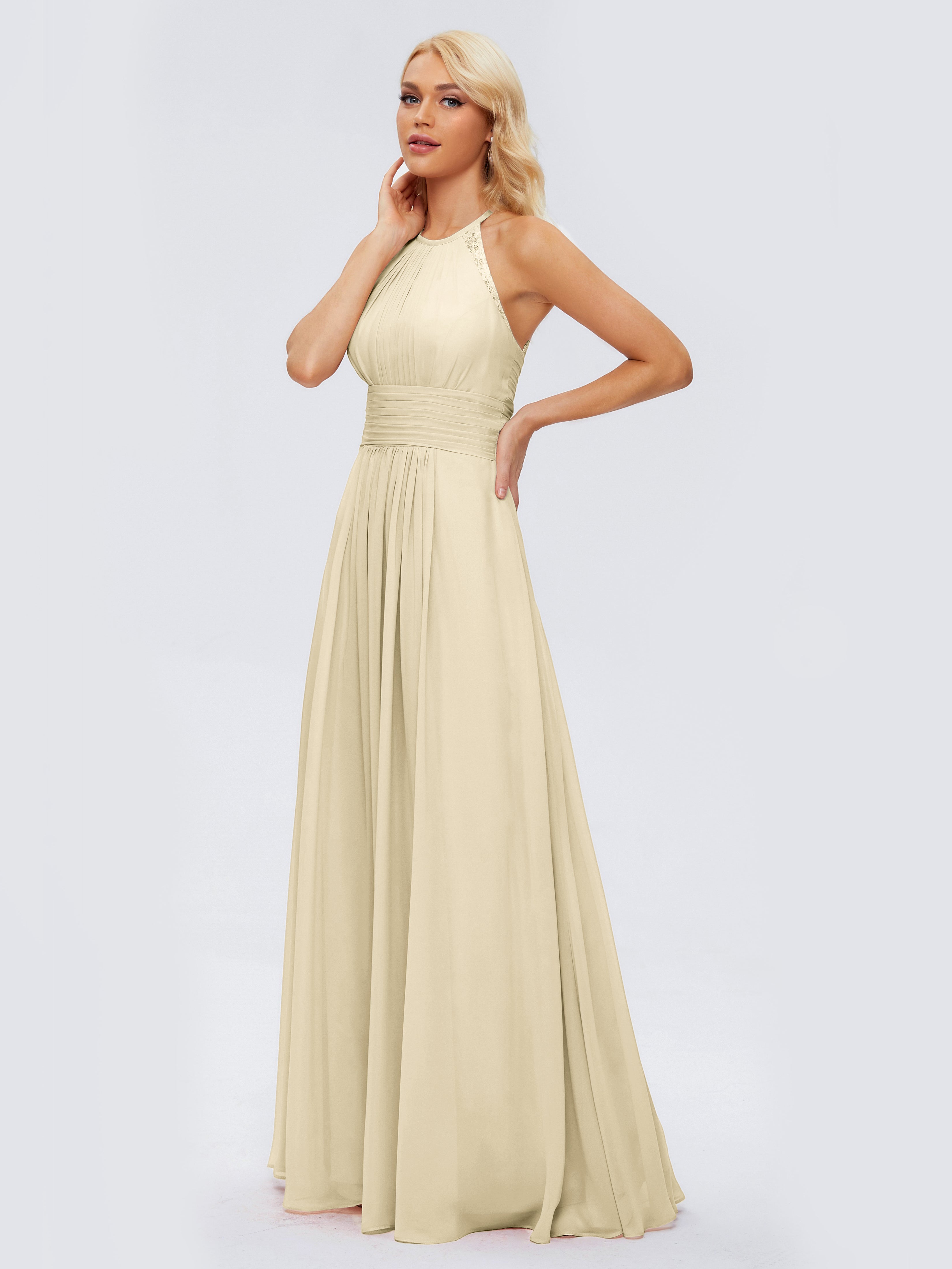 Robes De Demoiselle D'Honneur Couleur Champagne Trapèze Licou Dentelle Mousseline Robes Demoiselle D'Honneur
