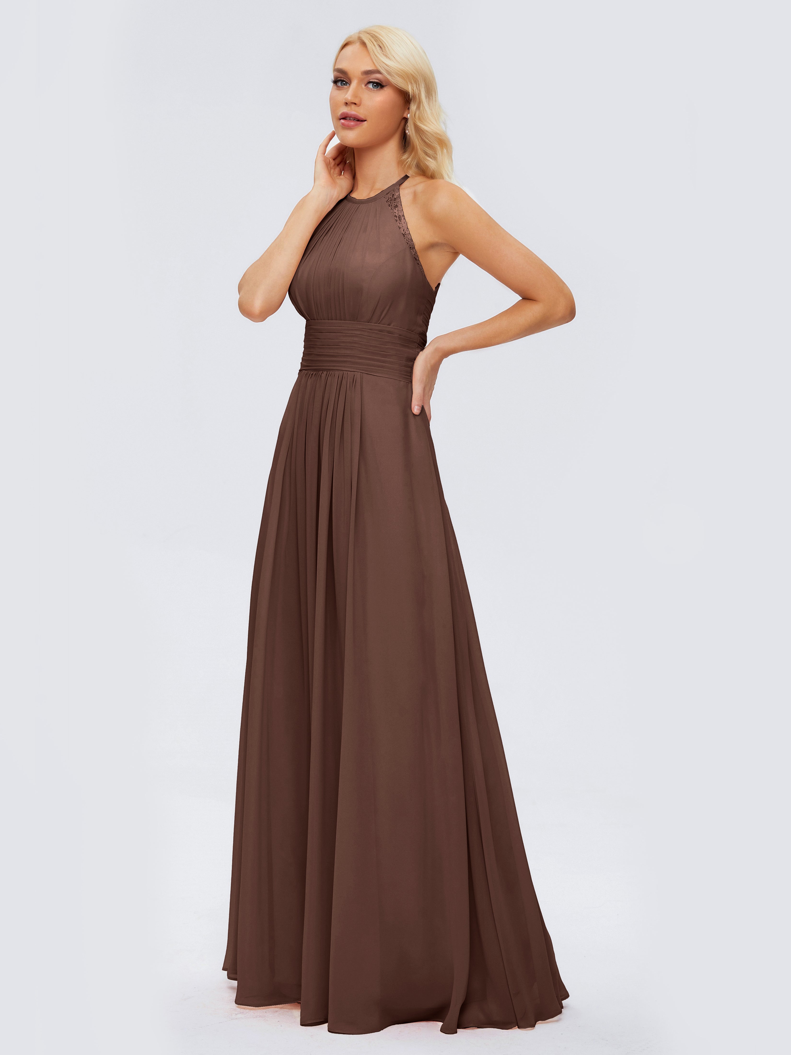 Robes De Demoiselle D'Honneur En Chocolat Trapèze Licou Dentelle Mousseline Robes Demoiselle D'Honneur