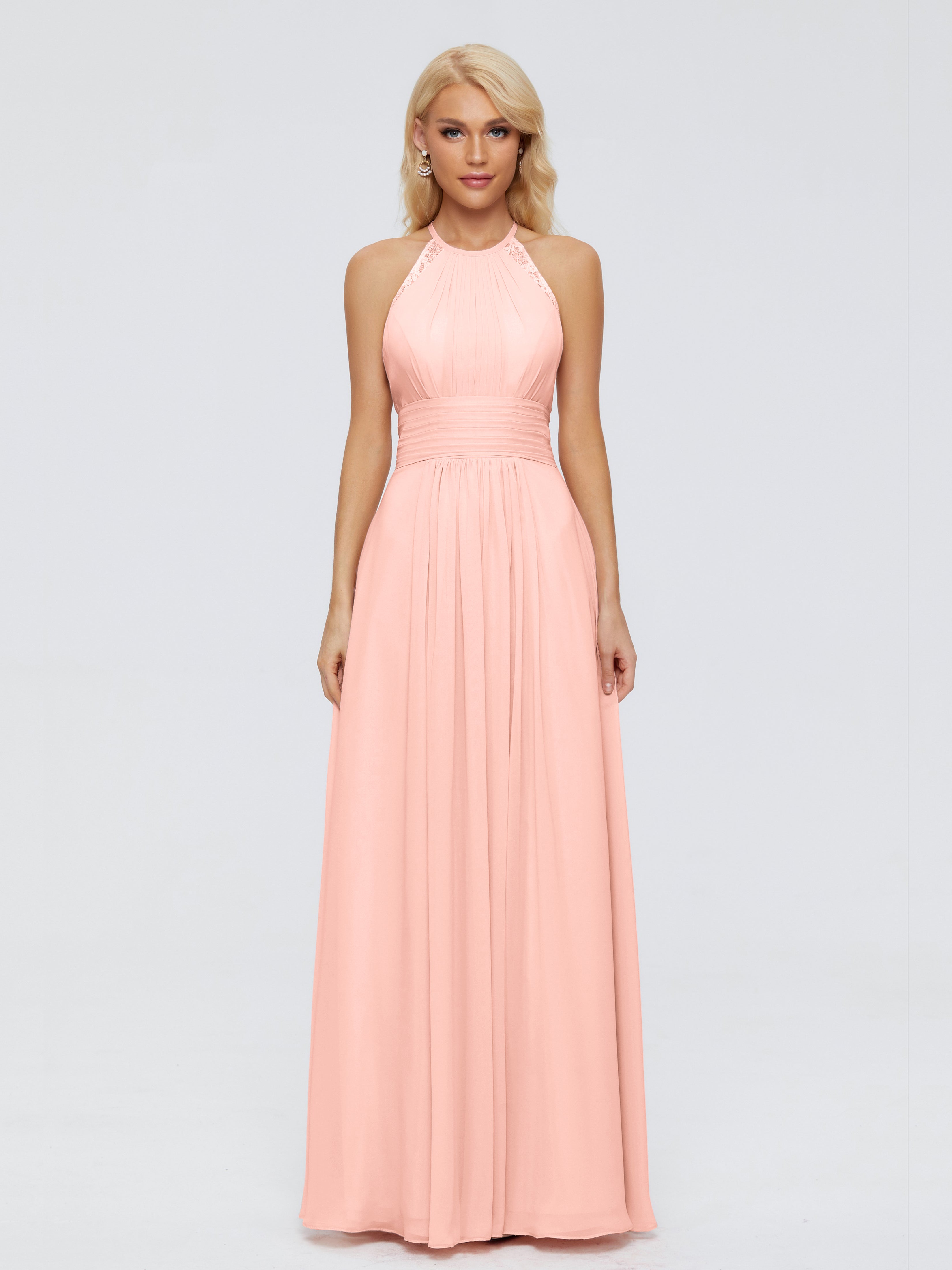 Robe Demoiselle Honneur Corail Trapèze Licou Dentelle Mousseline Robes Demoiselle D'Honneur
