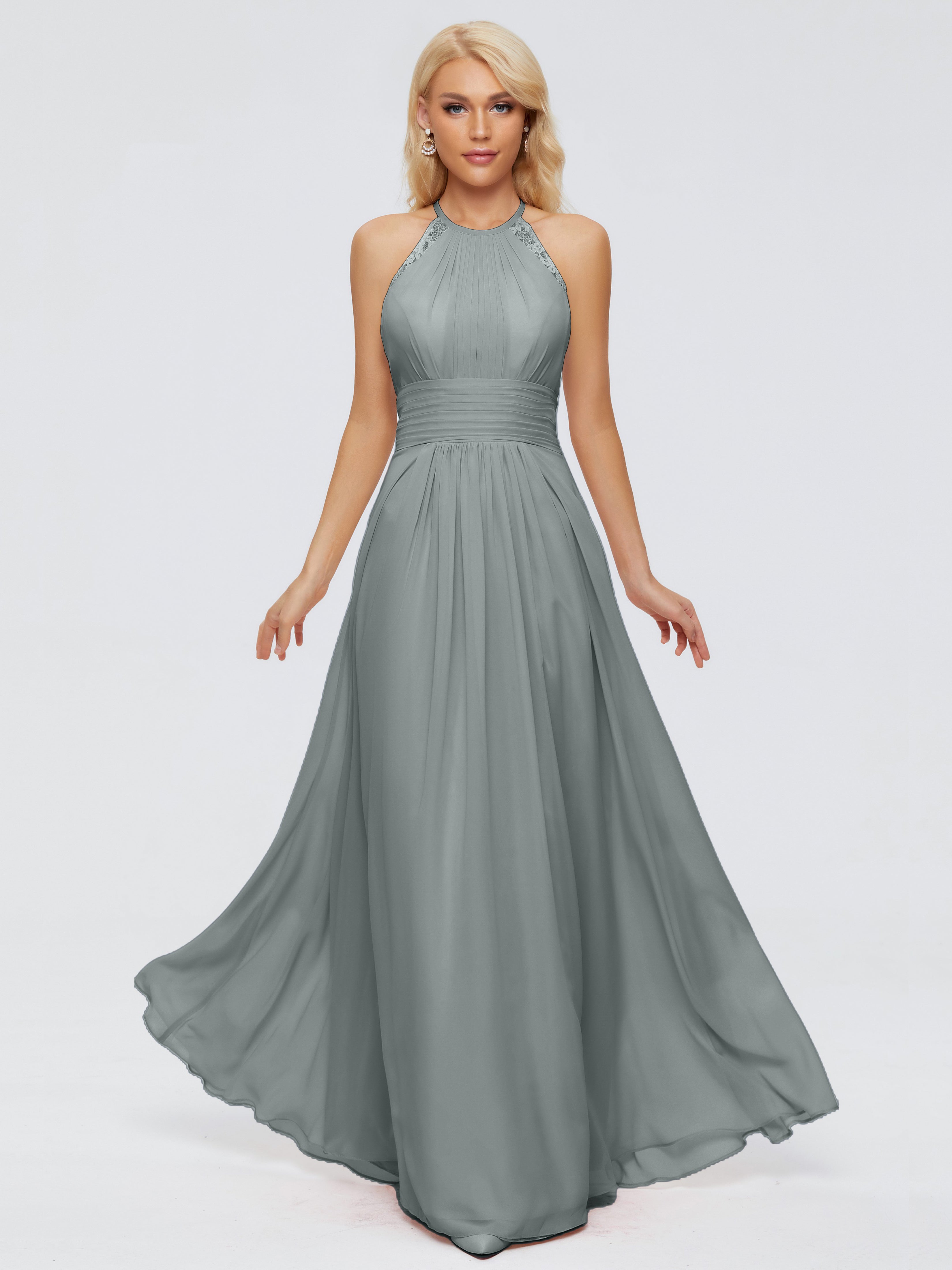 Robes De Demoiselle D'Honneur Gris Argenté Trapèze Licou Dentelle Mousseline