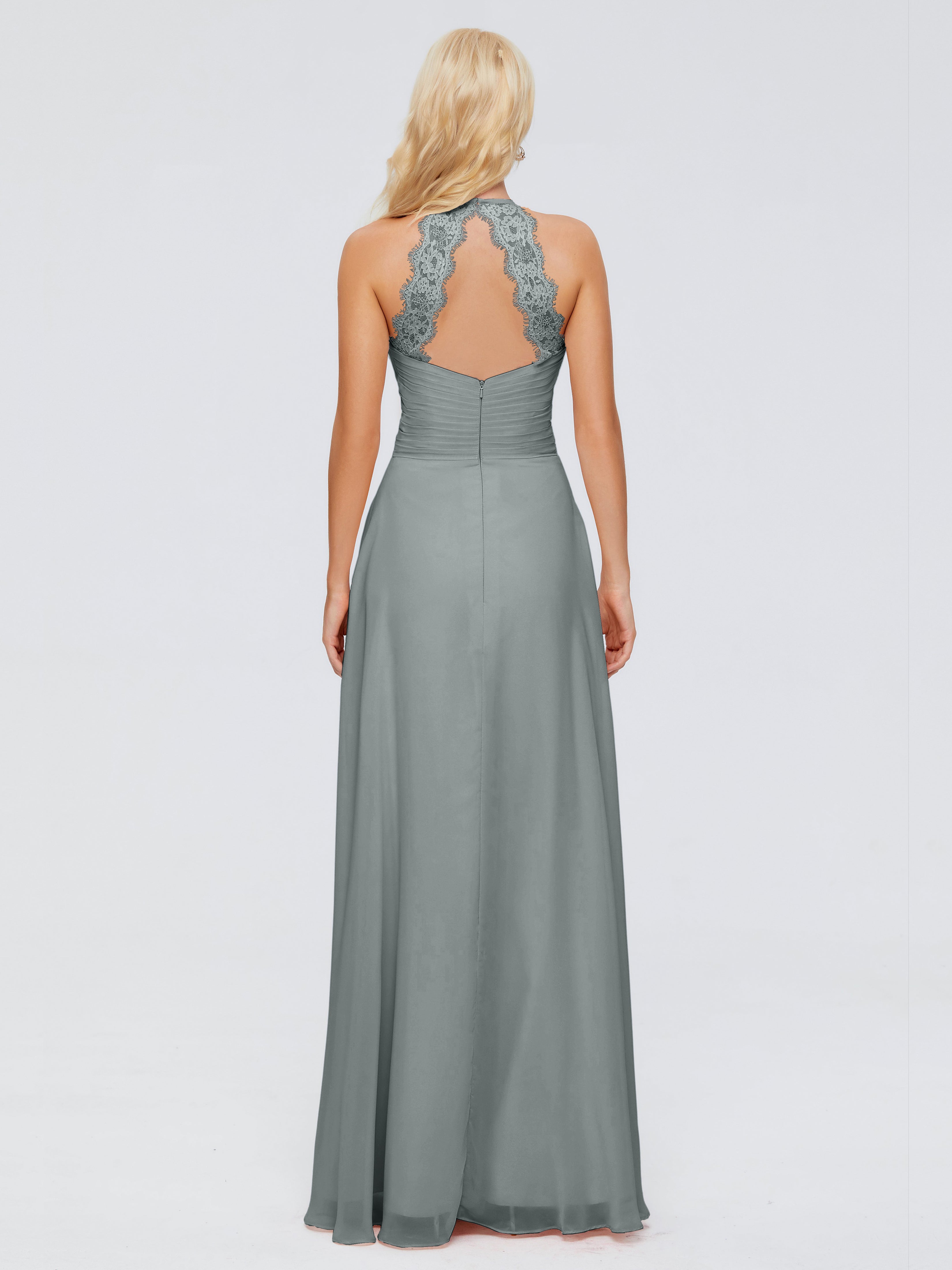 Robes De Demoiselle D'Honneur Gris Argenté Trapèze Licou Dentelle Mousseline