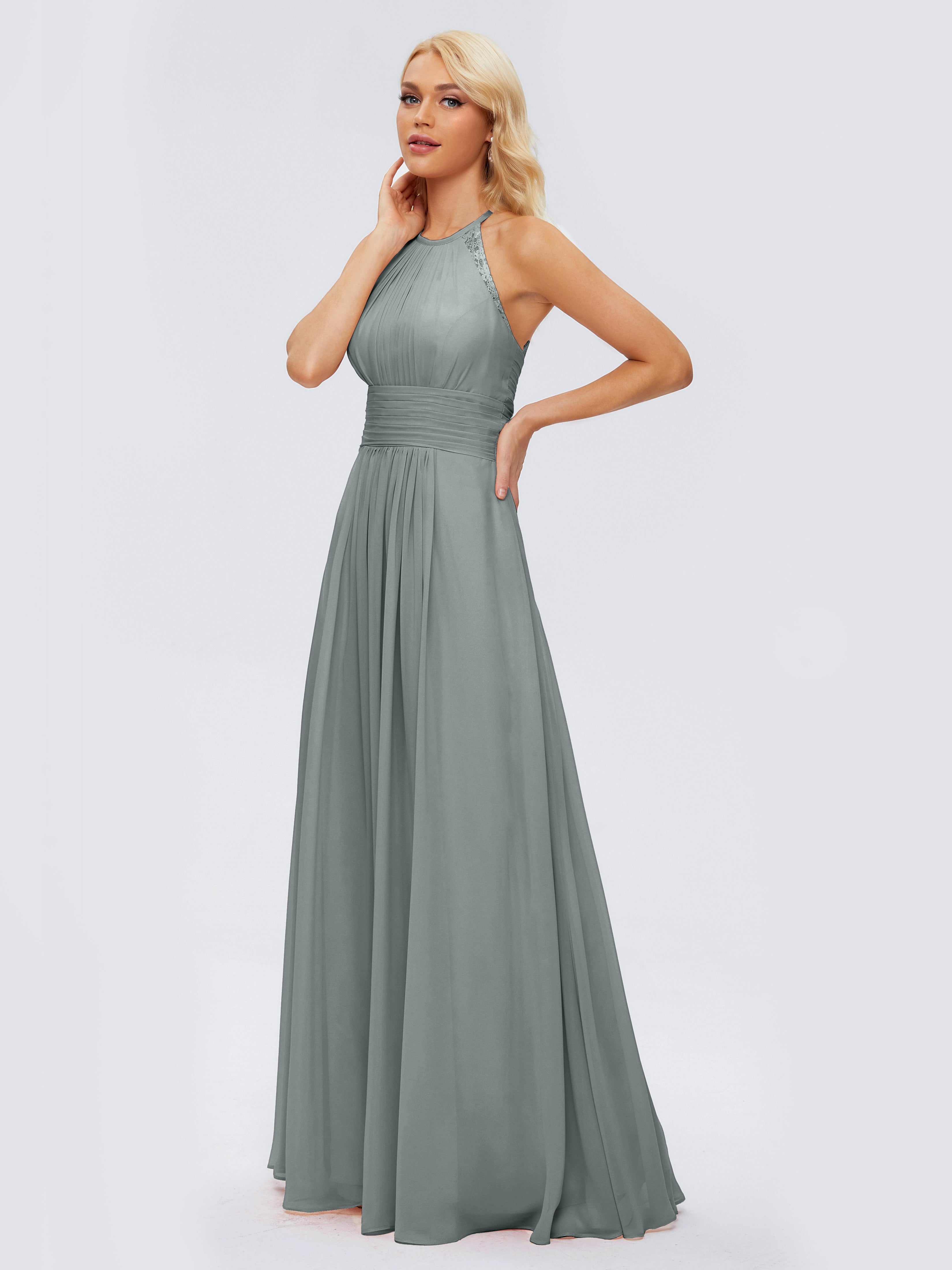 Robes De Demoiselle D'Honneur Gris Argenté Trapèze Licou Dentelle Mousseline