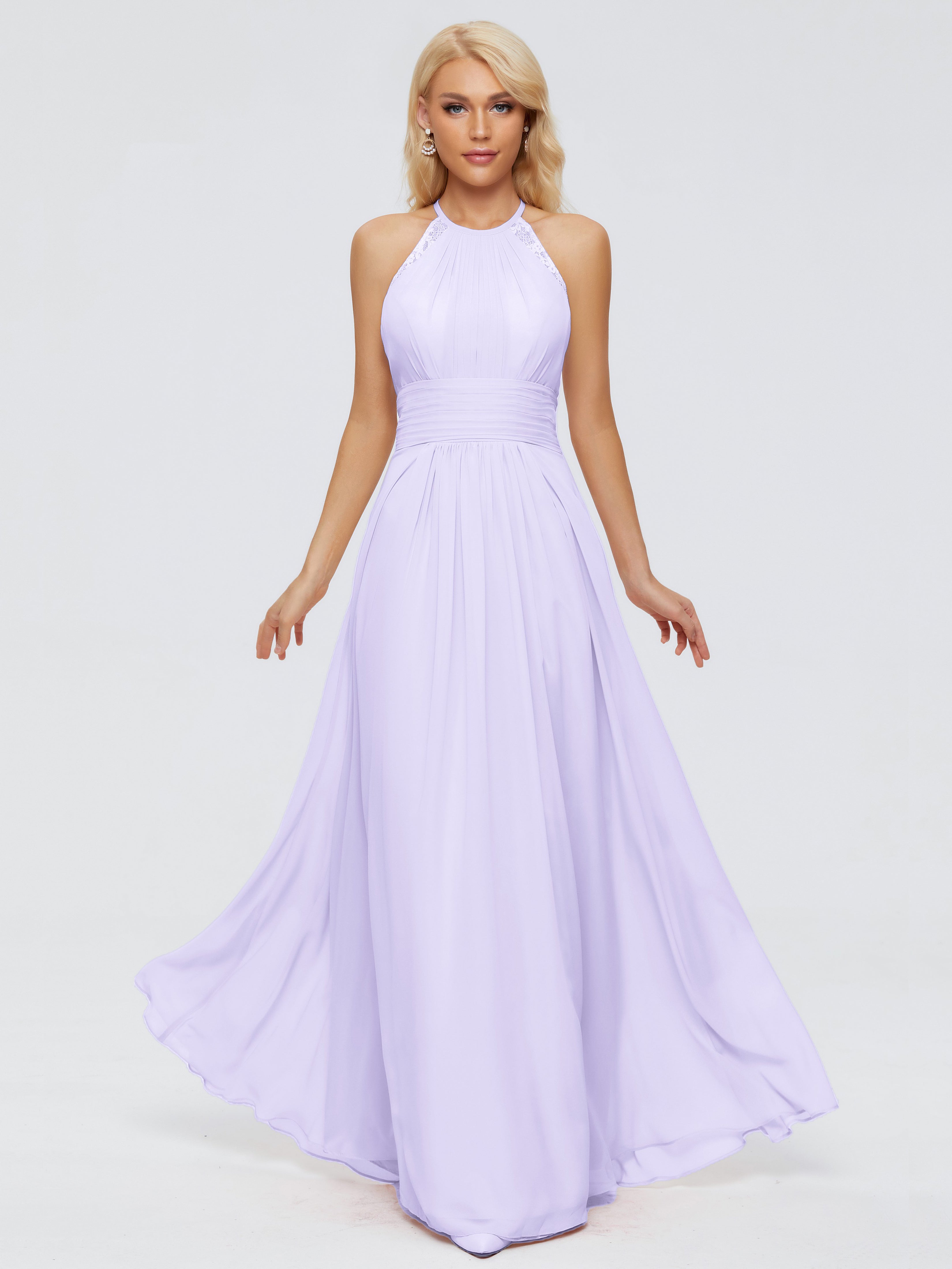 Robes De Demoiselle D'Honneur Lilas Trapèze Licou Dentelle Mousseline Robes Demoiselle D'Honneur