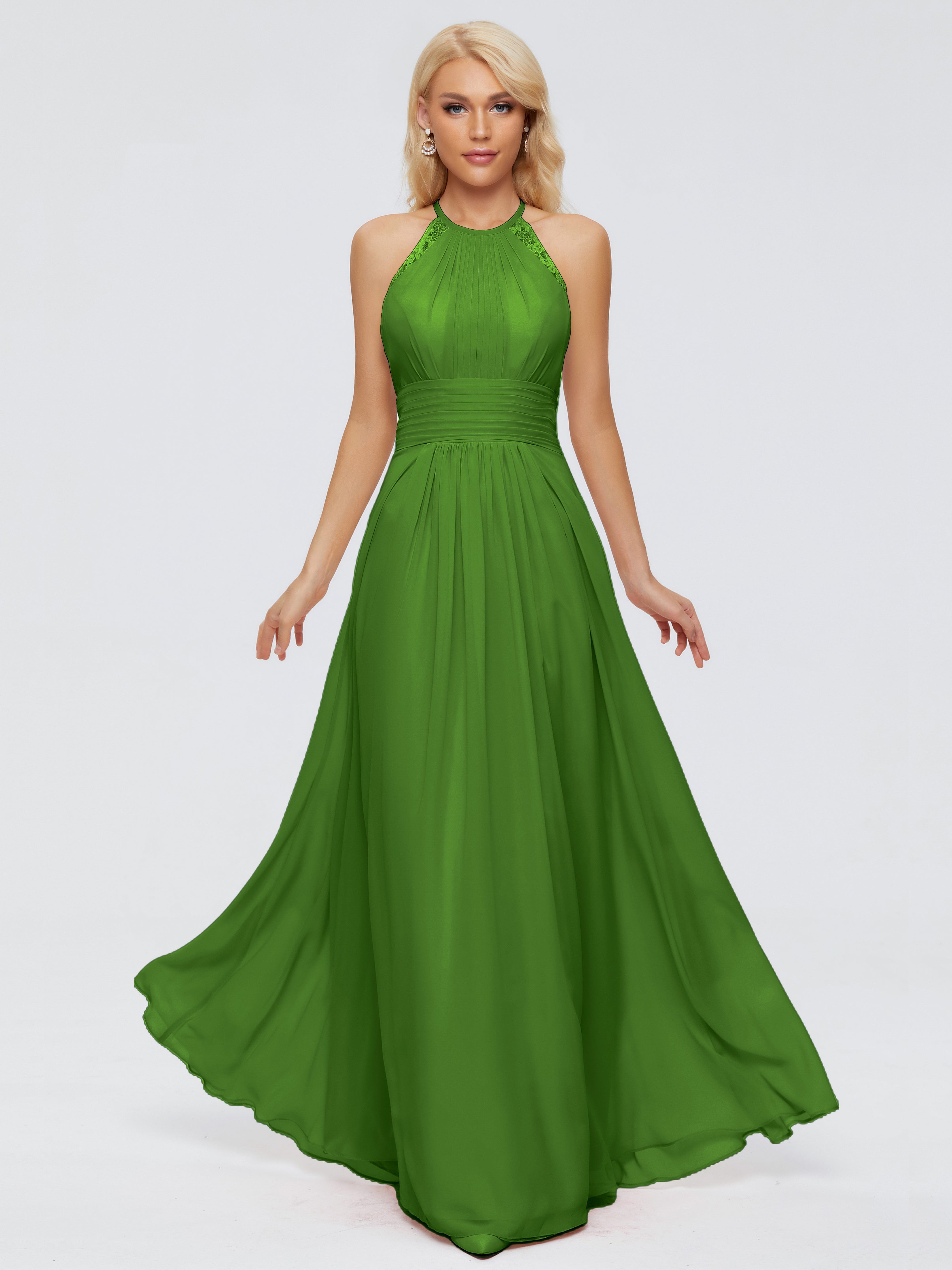 Robes De Demoiselle D'Honneur Vert Mousse Trapèze Licou Dentelle Mousseline Robes Demoiselle D'Honneur