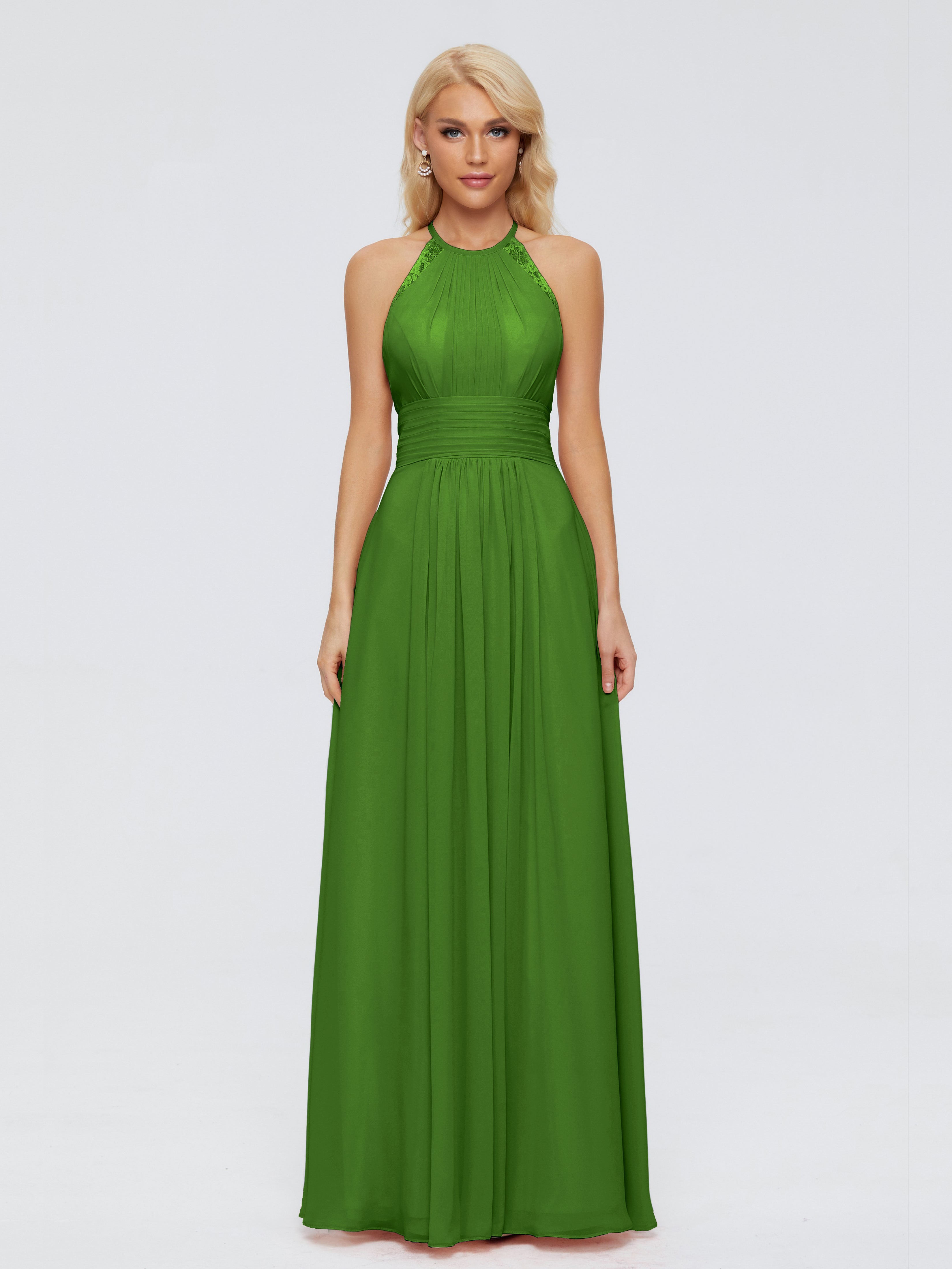 Robes De Demoiselle D'Honneur Vert Mousse Trapèze Licou Dentelle Mousseline Robes Demoiselle D'Honneur