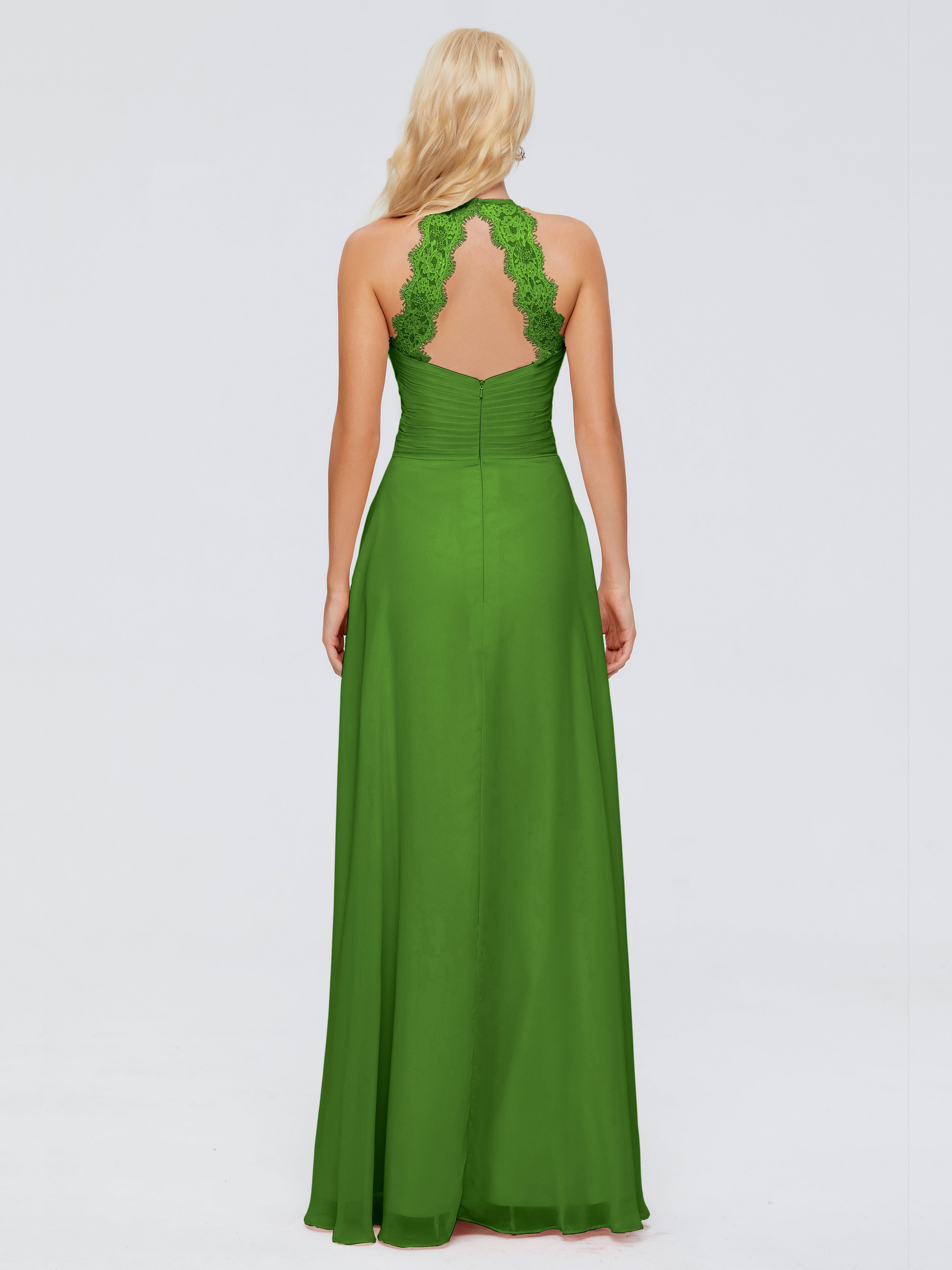 Robes De Demoiselle D'Honneur Vert Mousse Trapèze Licou Dentelle Mousseline Robes Demoiselle D'Honneur