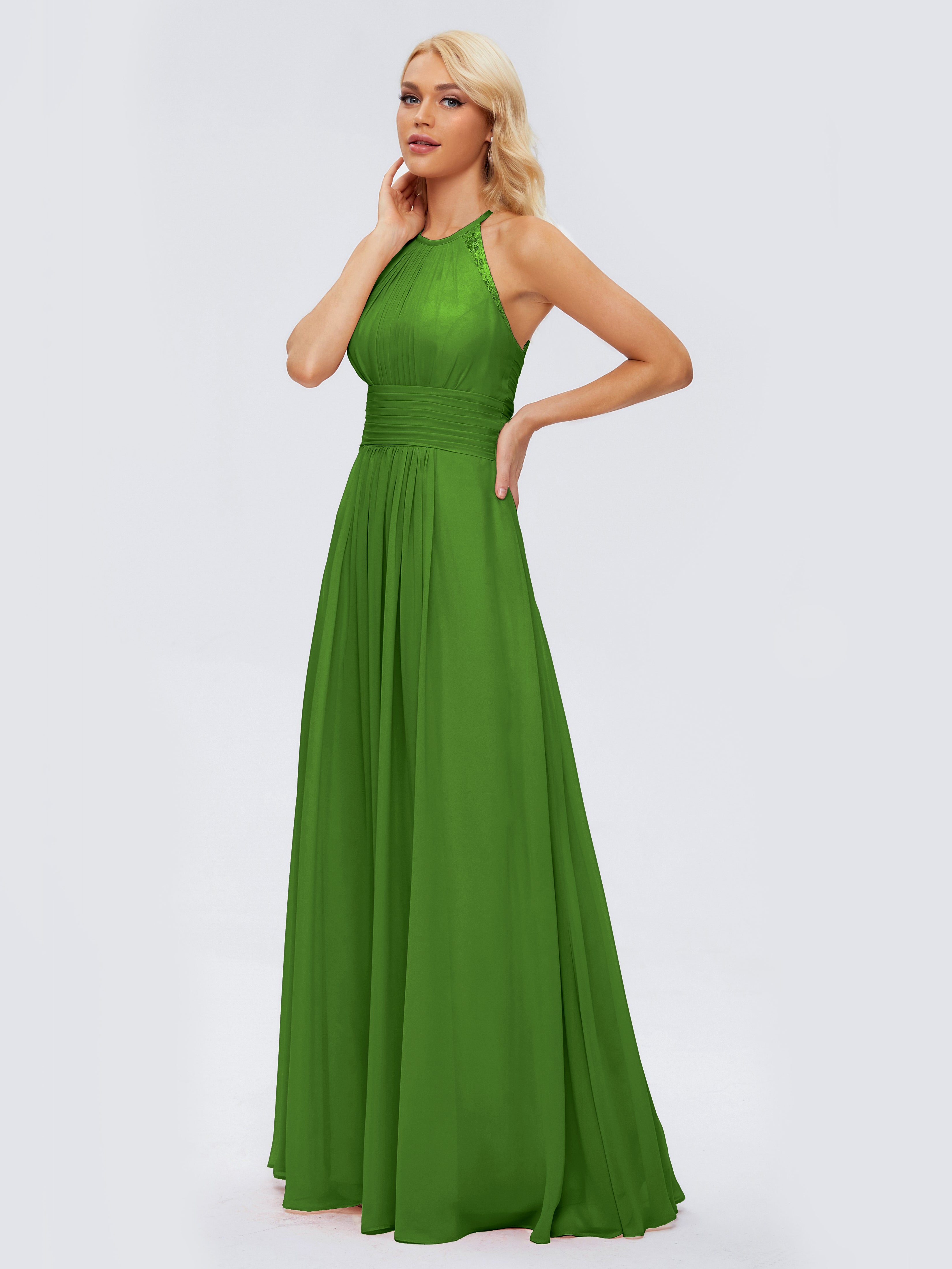 Robes De Demoiselle D'Honneur Vert Mousse Trapèze Licou Dentelle Mousseline Robes Demoiselle D'Honneur