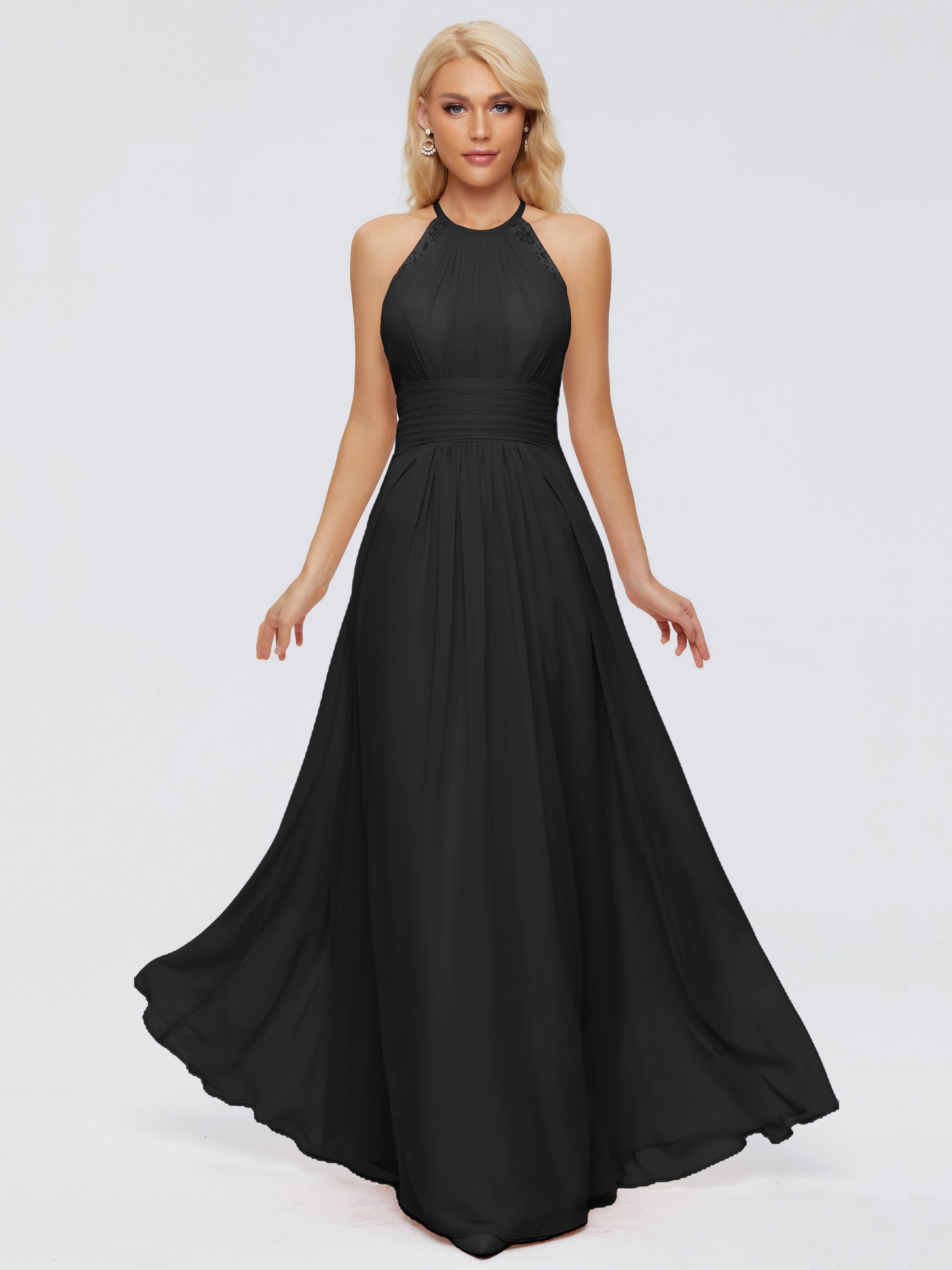 Longues Robes De Demoiselle D'Honneur Noires Trapèze Licou Dentelle Mousseline Robes Demoiselle D'Honneur