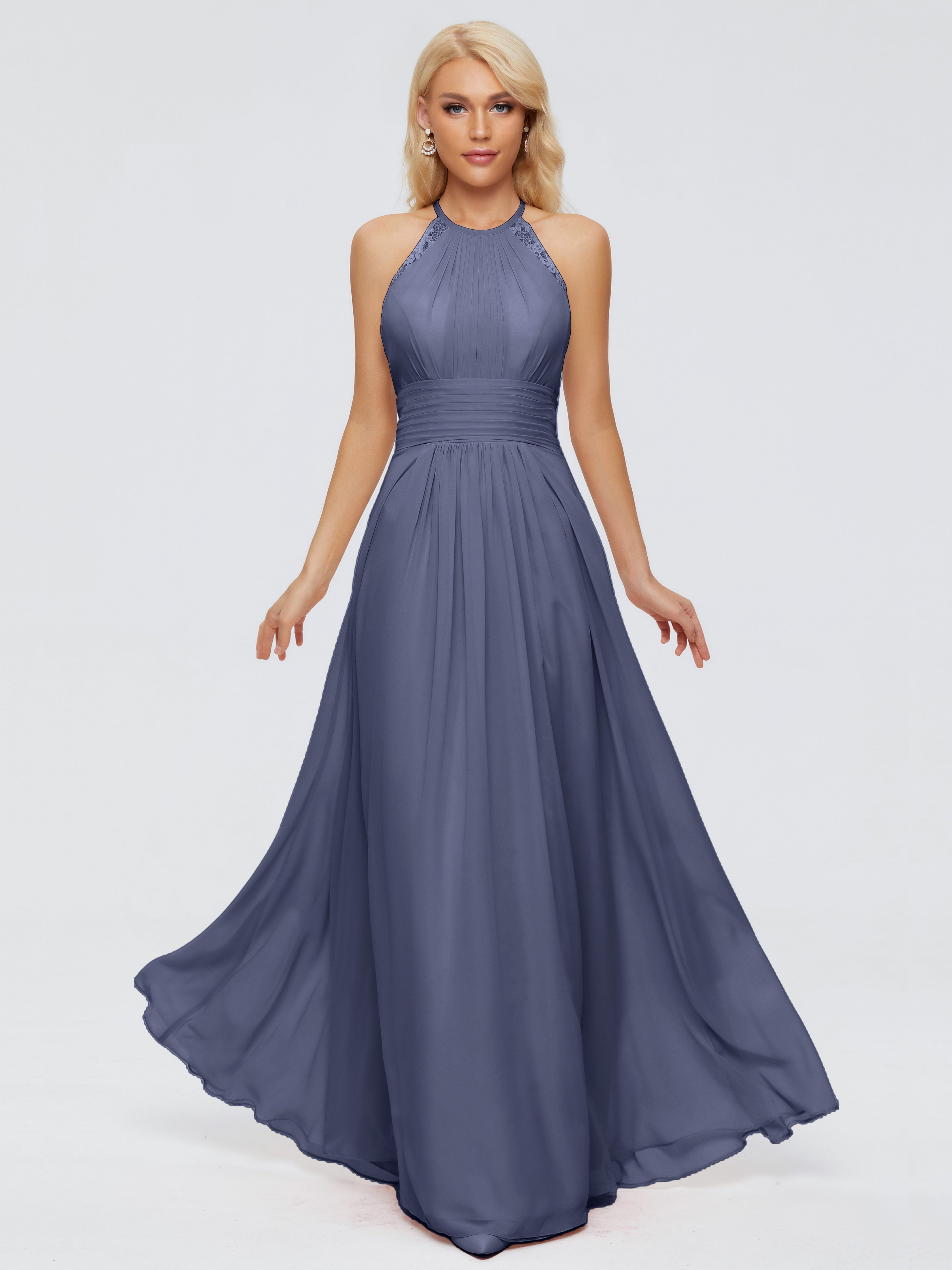 Robes De Demoiselle D'Honneur Bleu Orageux Trapèze Licou Dentelle Mousseline Robes Demoiselle D'Honneur