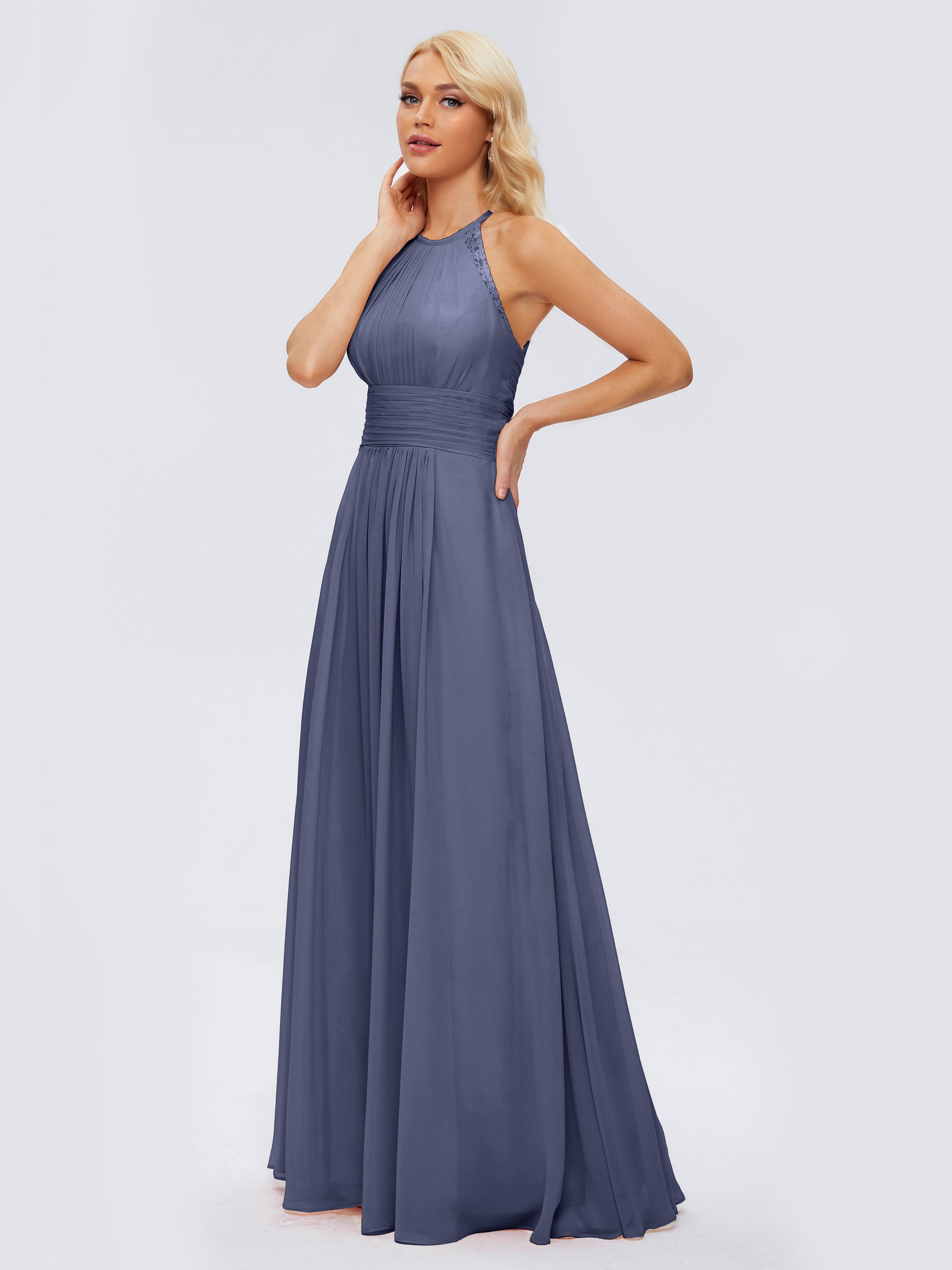 Robes De Demoiselle D'Honneur Bleu Orageux Trapèze Licou Dentelle Mousseline Robes Demoiselle D'Honneur