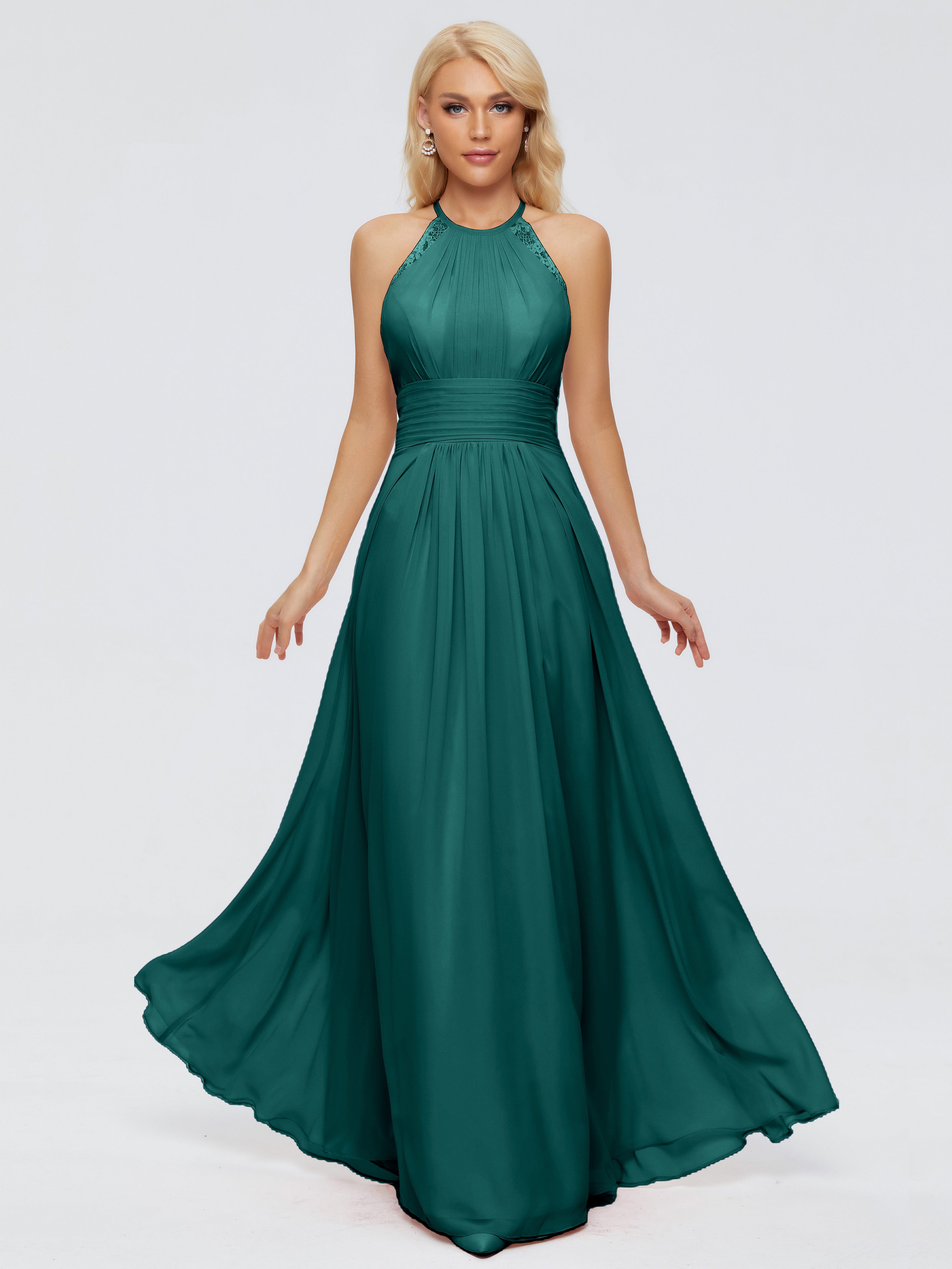 Robes De Demoiselle D'Honneur Couleur Paon Trapèze Licou Dentelle Mousseline Robes Demoiselle D'Honneur