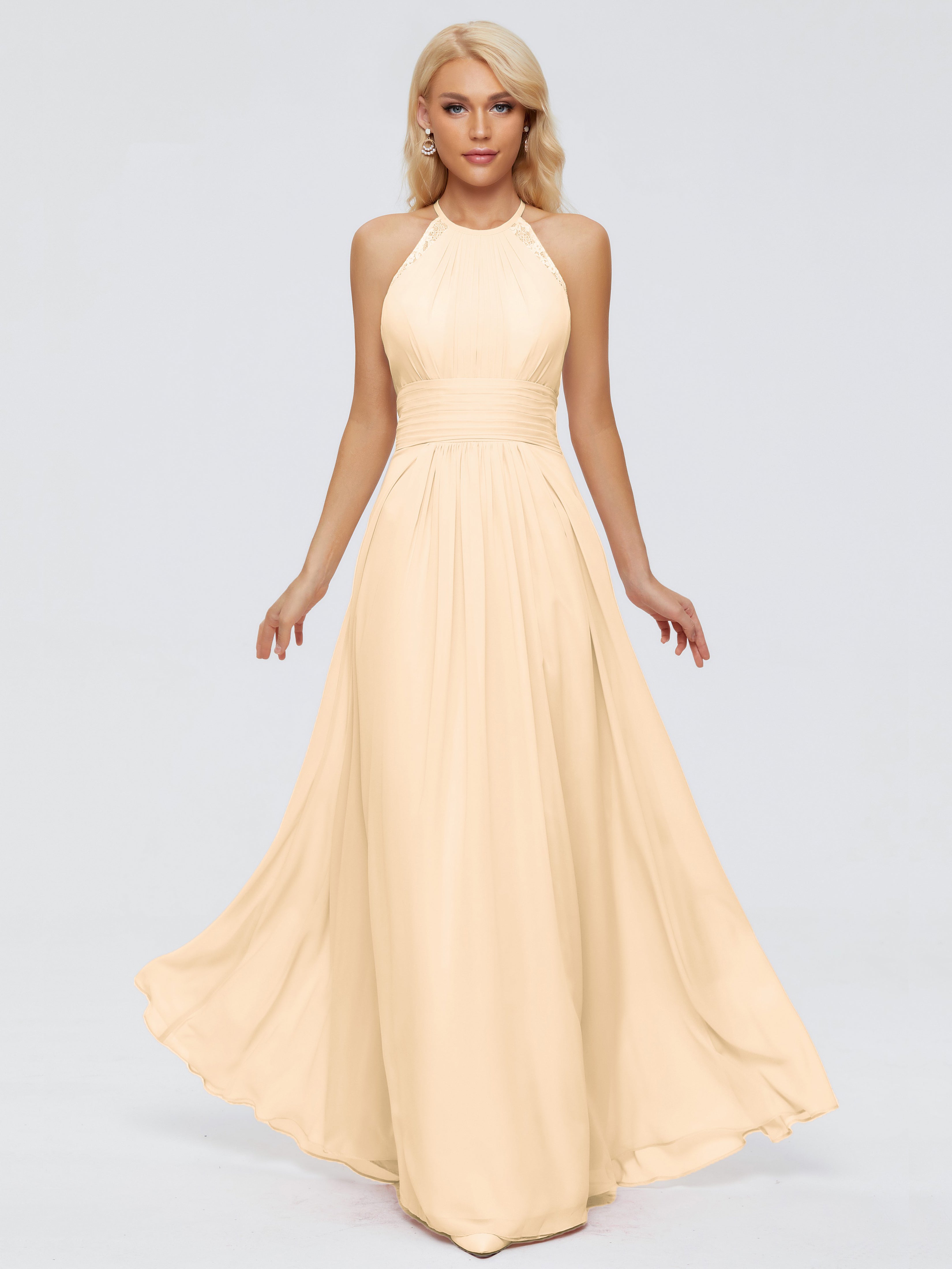Robe Pêche Demoiselle D Honneur Trapèze Licou Dentelle Mousseline Robes Demoiselle D'Honneur