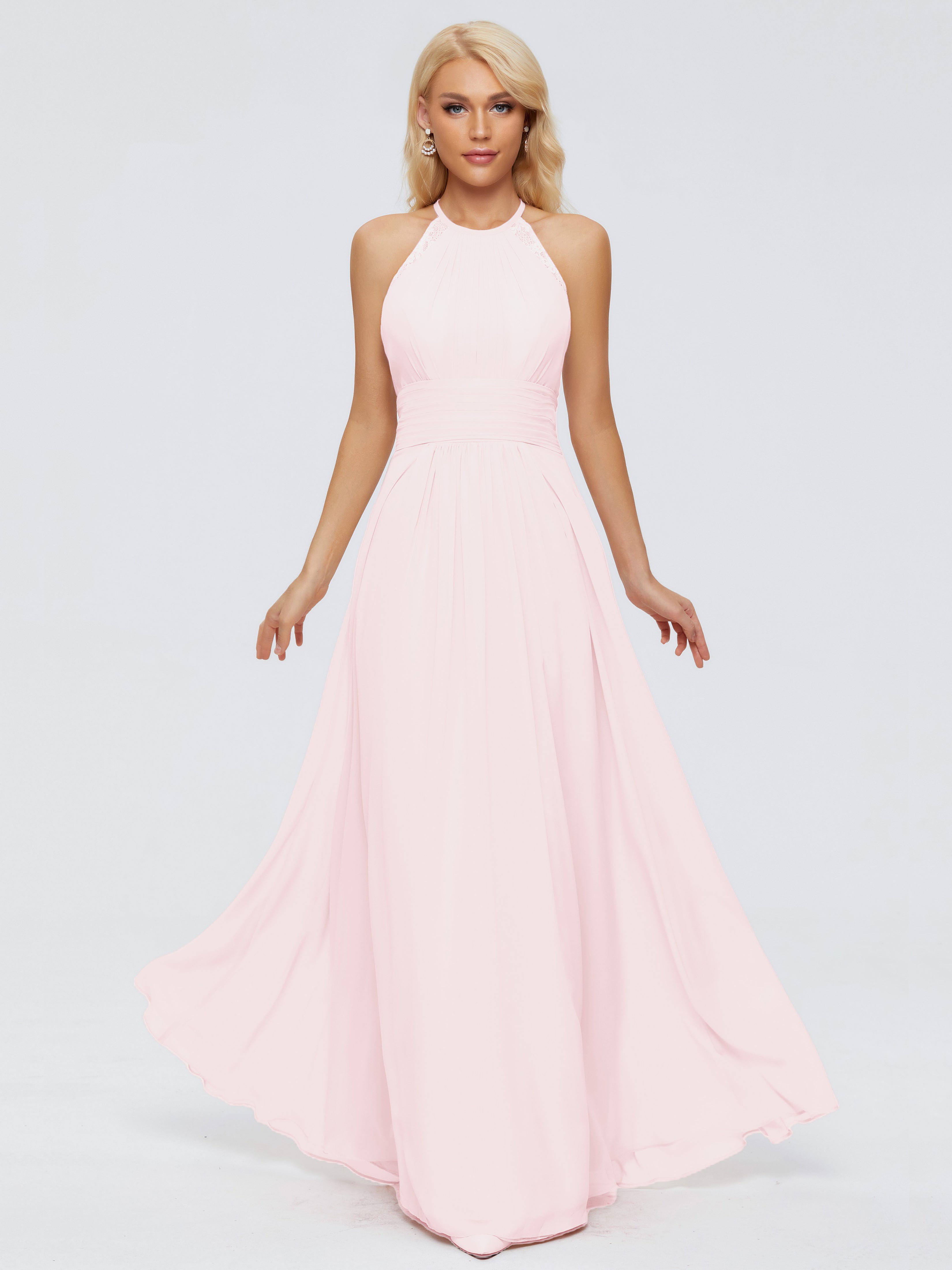 Robes De Demoiselle D'Honneur Rose Pale Trapèze Licou Dentelle Mousseline Robes Demoiselle D'Honneur