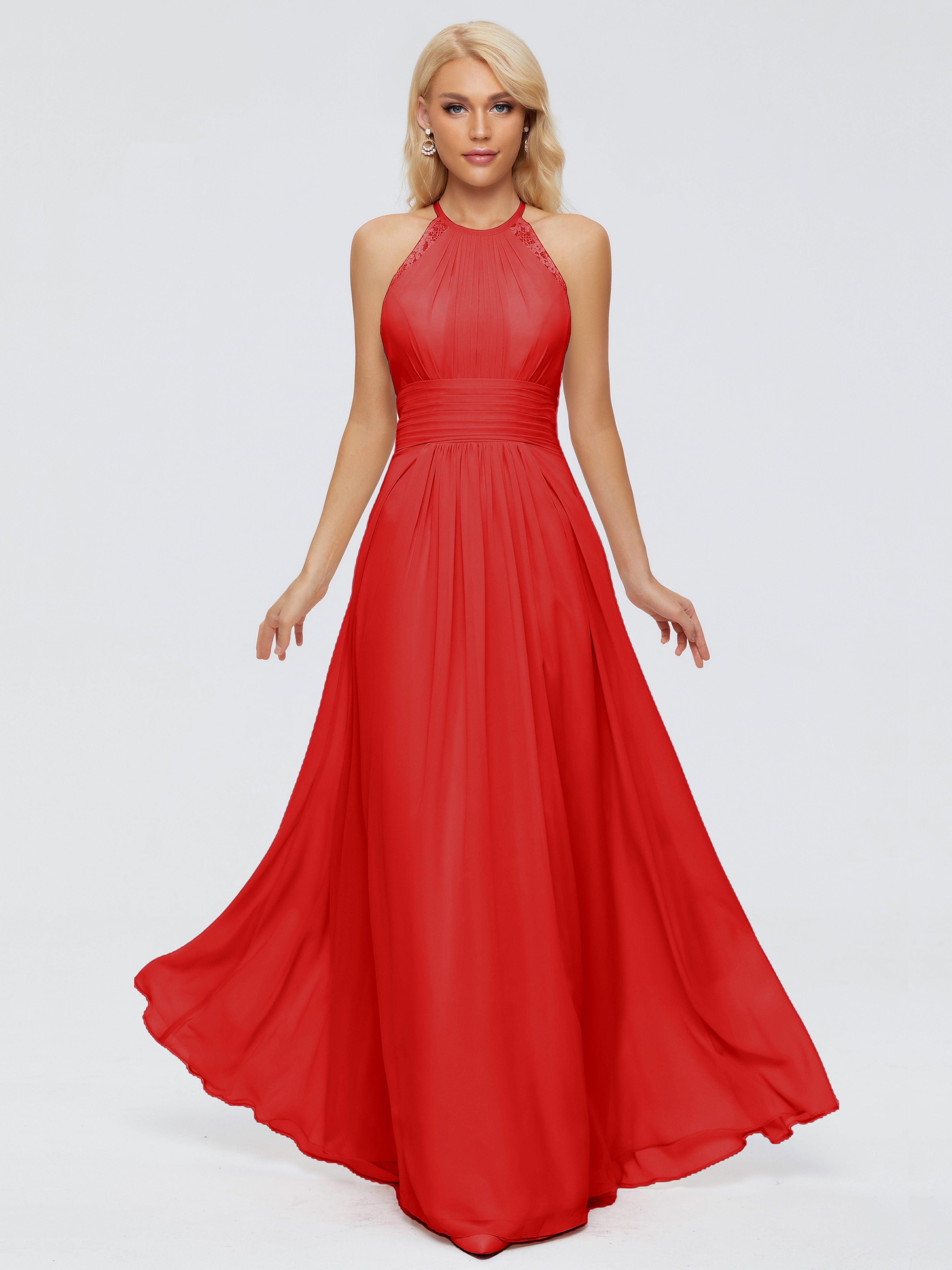 Robe Demoiselle D Honneur Rouge Trapèze Licou Dentelle Mousseline Robes Demoiselle D'Honneur