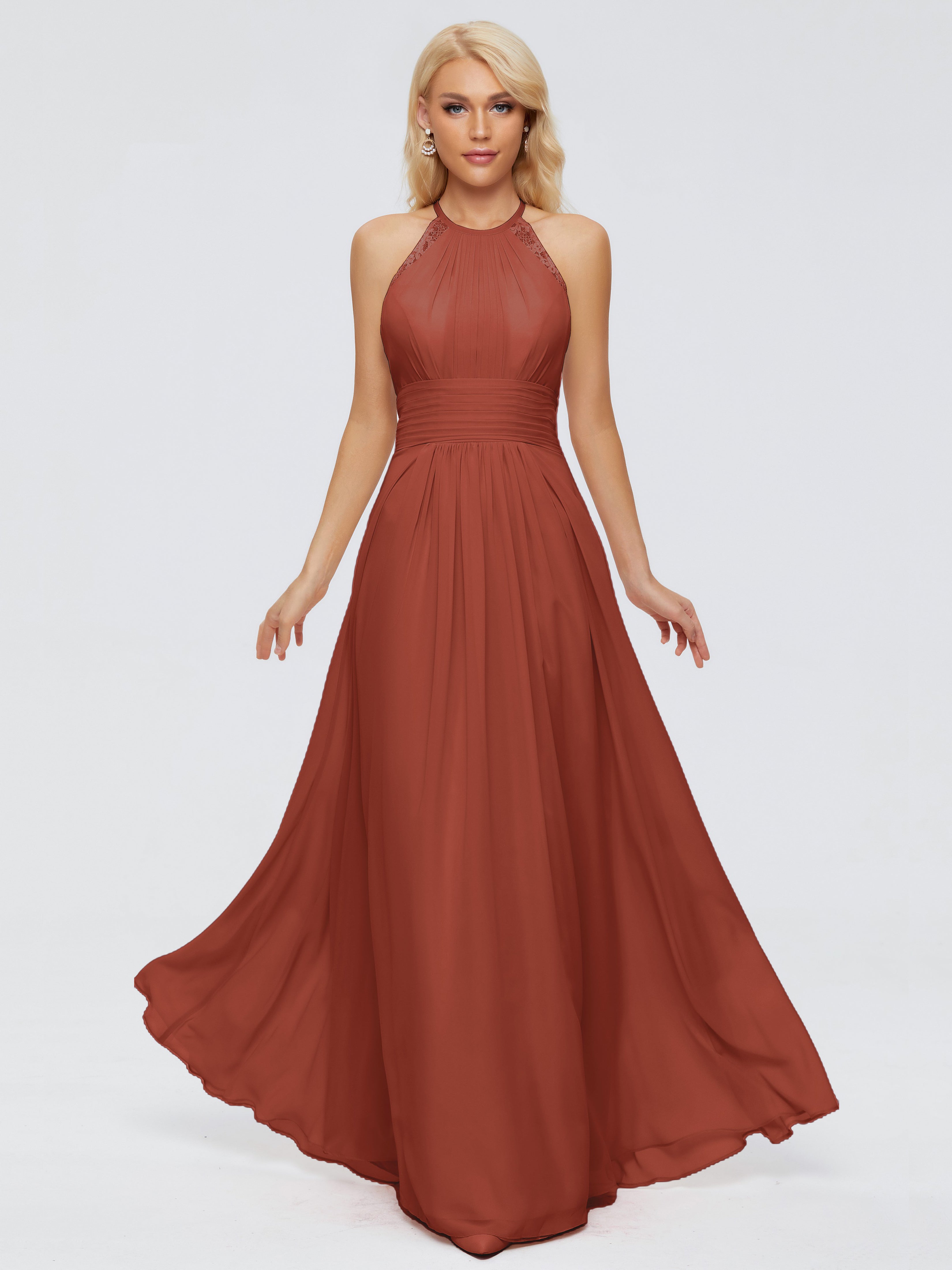 Robe De Demoiselle D'Honneur Rouille Trapèze Licou Dentelle Mousseline Robes Demoiselle D'Honneur